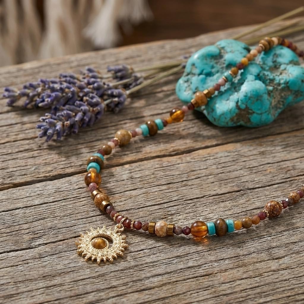 Tigers Eye Brown Turquoise Sun Pendant Beaded Necklace for Women