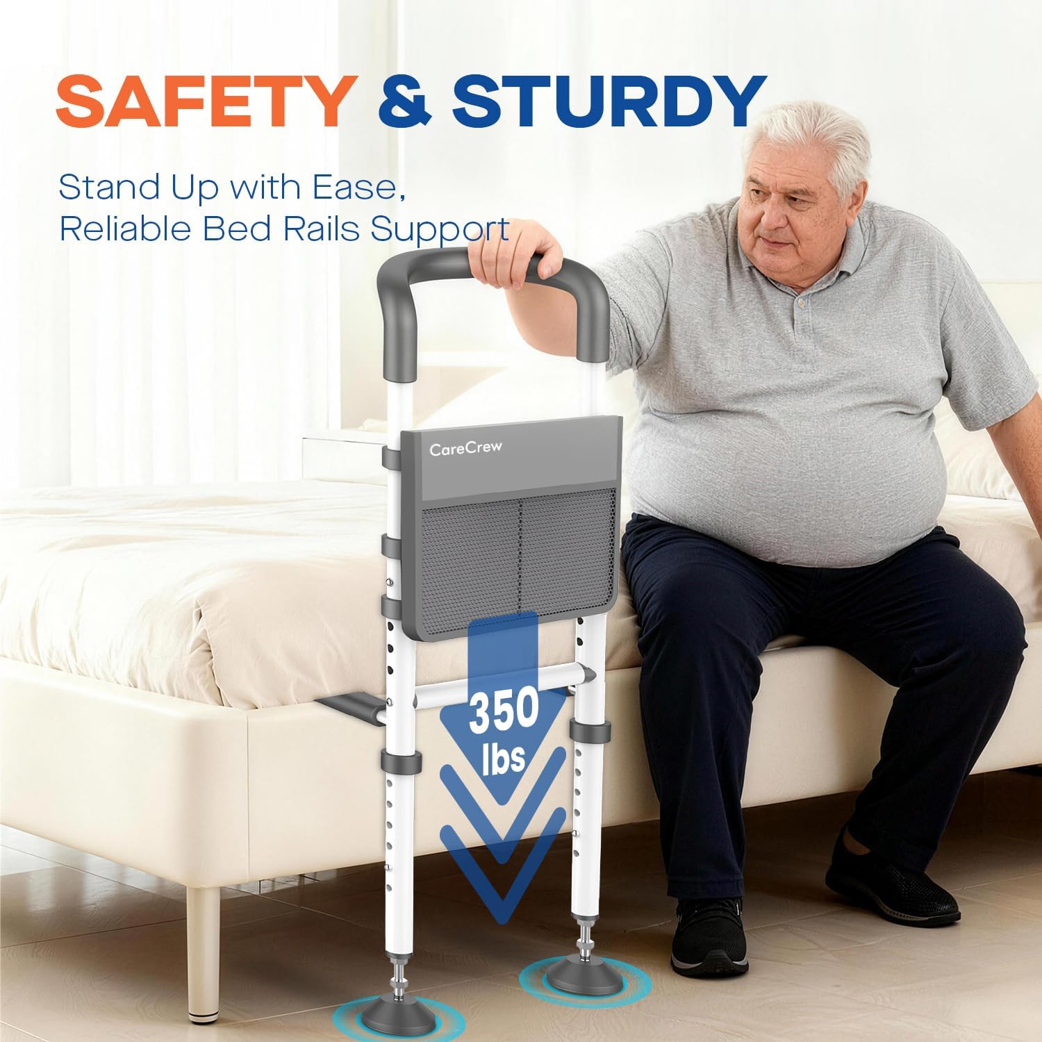 Bed Rails for Elderly Adults Safety - Adjustable Bed Rails for Seniors Supports 350lbs with Motion Sensor Light & Storage Pocket, Stable Bed Assist Rails with Strong Support Leg