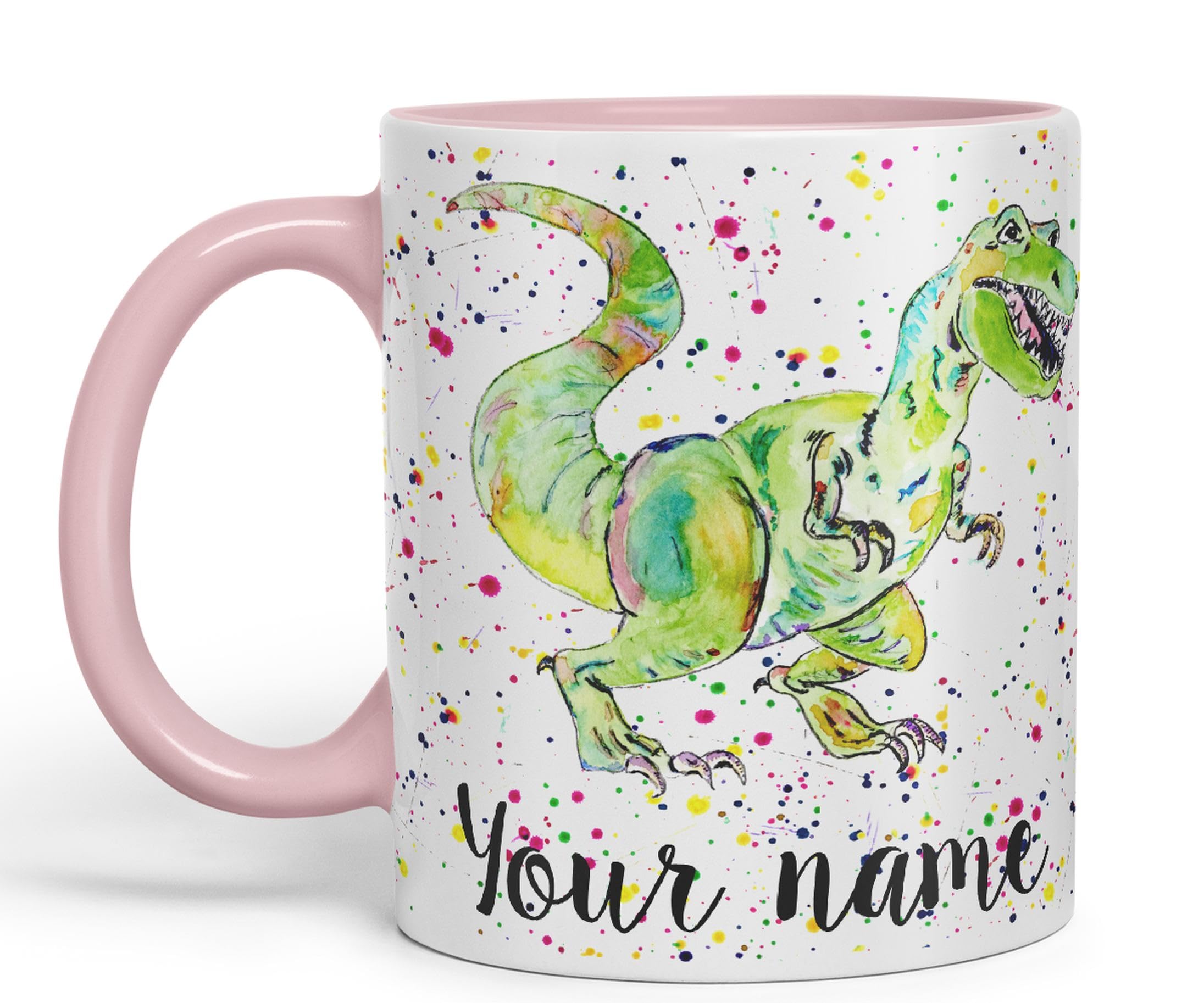 Vixar Personalised with Your Text Dinosaur Tyrannosaurus T-Rex Art Coloured Ceramic Mug Cup Gift 330ml 11oz Custom Work Office Tea Coffee (Pink)