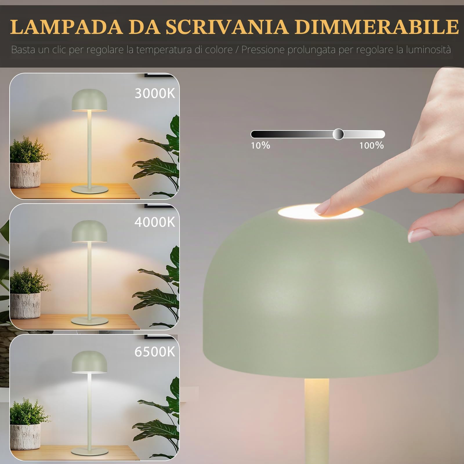 Homefire Lampada da tavolo a LED senza fili, 2 pezzi: touch dimmabile, 3 temperature di colore ricaricabile, batteria regolabile, portatile, impermeabile, verde
