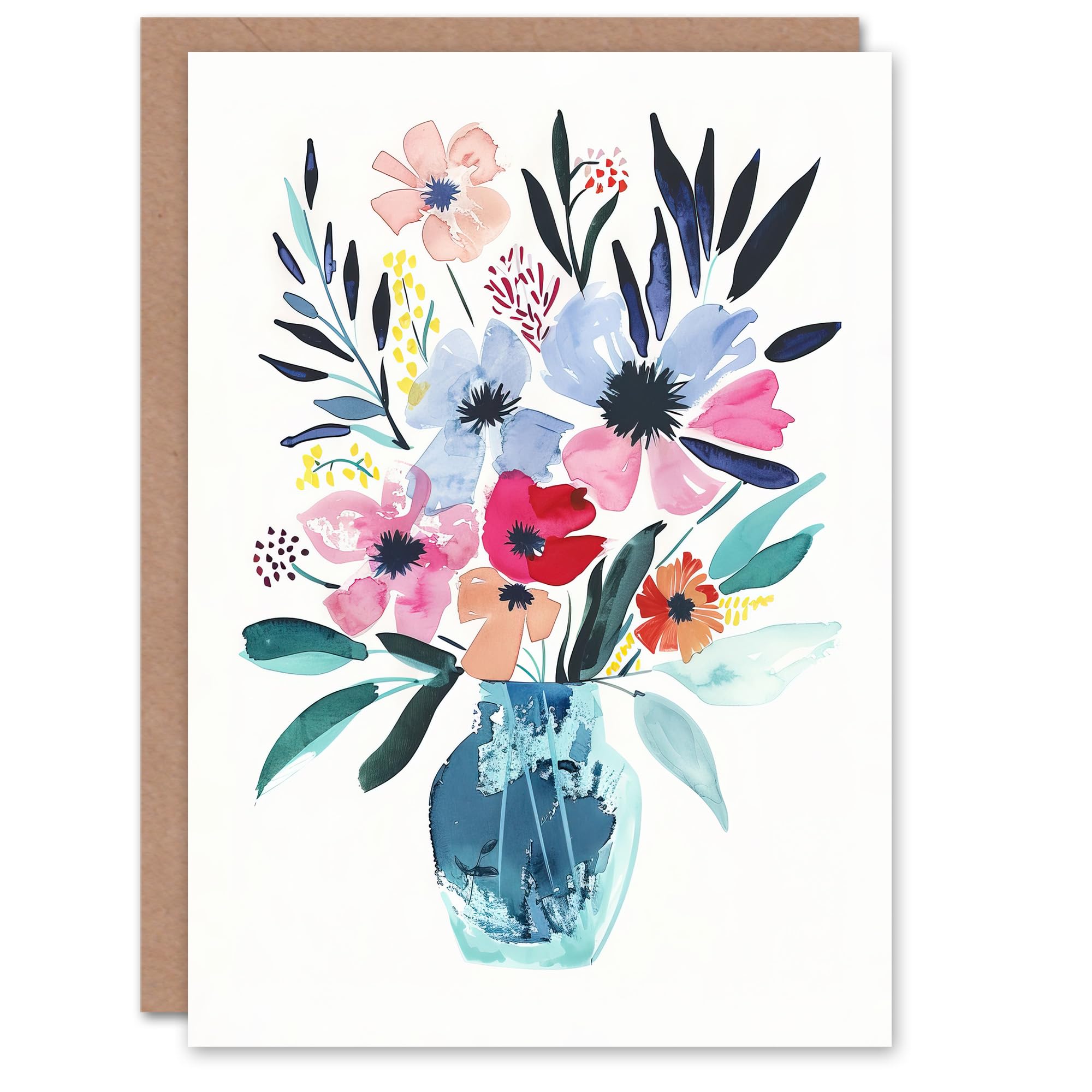 Artery8 Greeting Card - Boho Spring Flower Bouquet in Vase - Blank Card