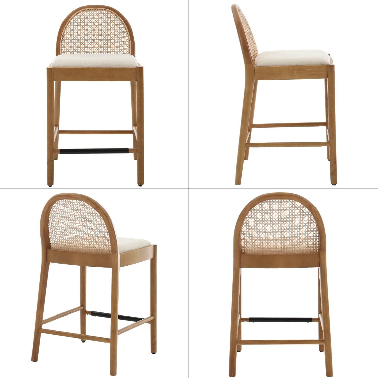 LukeAlon Modern Sherpa Counter Stools Set of 2, 26" Seat Height Low Bar Chairs with Wooden Legs Natural Rattan Cane Back Cpunter Height Barstools with Footrest for Home Pub Kitchen, White