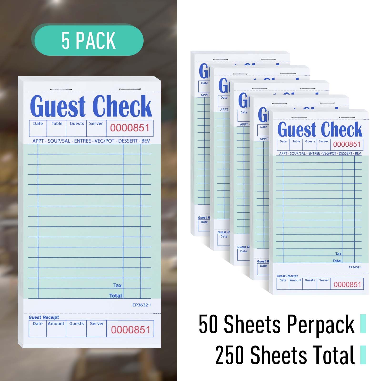 DGBDPACK Gäste-Scheckbücher für Server, 5 Stück EP-3632-1 Server-Notizblöcke, dickes Serverpapier mit Gästequittung, Kellnerin-Notizblöcke, insgesamt 250 Bestellungen (grün, 17,1 x 8,9 cm)