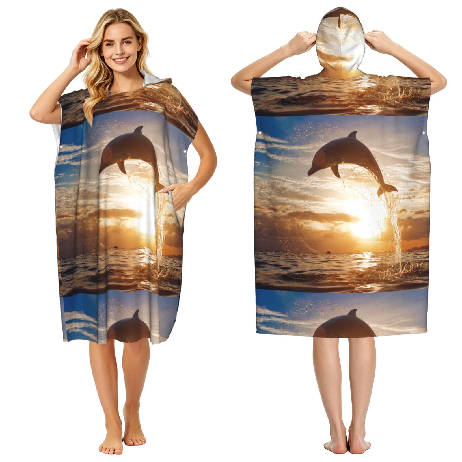 Poadnly Dolphin Jumping From Shining Water, Adult Hooded Beach Towel 90 x 110 cm,Changing Bath Robe, Surf Poncho Towel For Women Men