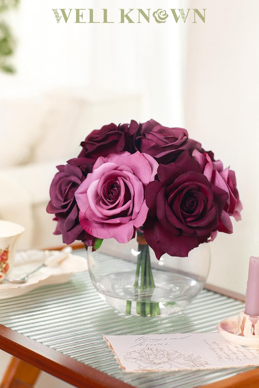 WELL KNOWN Silk Purple and Pink Roses Bouquet in Vase, Artificial Fake Flowers Arrangements in Glass Vase with Faux Water for Home Office Hotel Birthday Wedding Party Table Decoration & Mom's Gift - Image 8