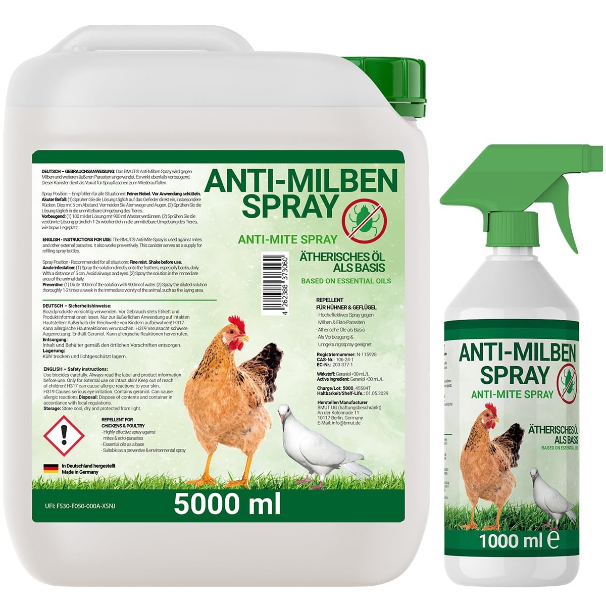 6000ml Milbenspray für Geflügel wie Hühner & Vögel - Sofort & Langfristig gegen Parasiten, bei Akut & Vorbeugung 5 Liter + 1 Liter Kanister