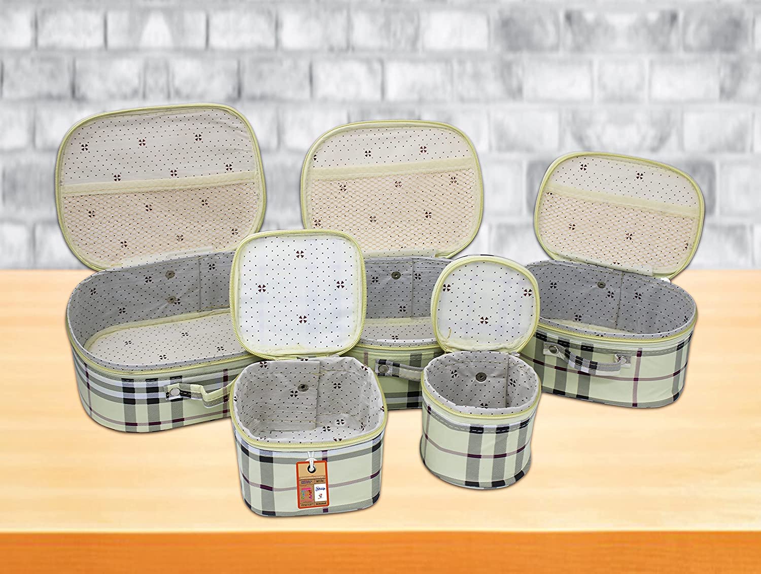 atorakushon Kosmetiktasche / Kulturbeutel, Stoff, kariert, 5 Stück, für Reisen, Kosmetikbeutel, Kleiderschrank, Organizer, Schmuckbeutel, Cream, Standard, Neu