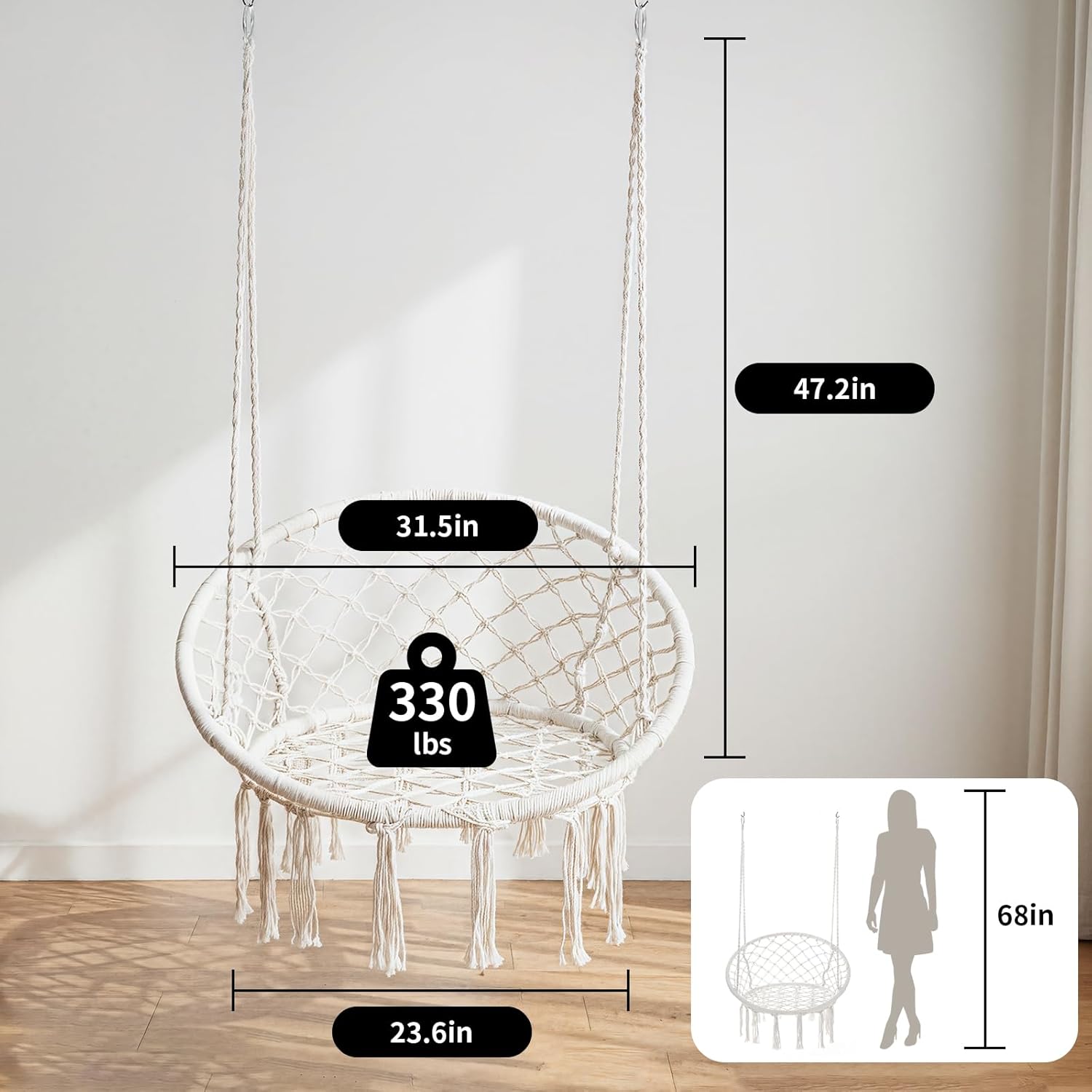 Garpans Hammock Chair Swing Set of 2 Bohemian Style Macrame Hammock with Tassels Hanging Swing Chair Handmade Knitted Cotton Rope for Indoor Outdoor Bedroom Patio Max 330 LBS White