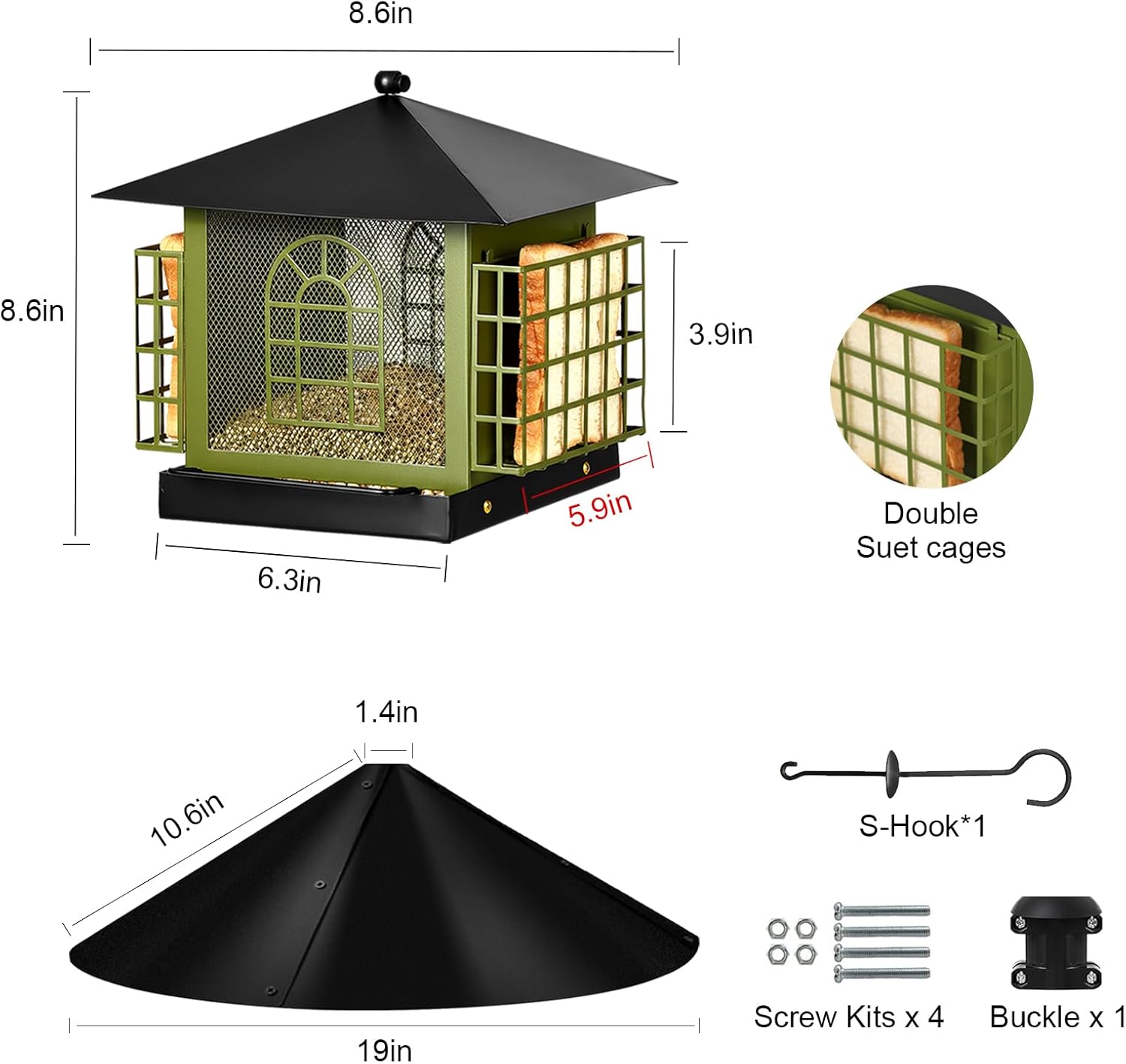 Large Squirrel-Proof Bird Feeder for Outdoors Hanging,Metal Bird Feeder with Squirrel Baffle,& Double Suet Cage,Suet Feeder,Humming Finch Cardinal Woodpecker Feeder,Great for Attracting Wild Birds