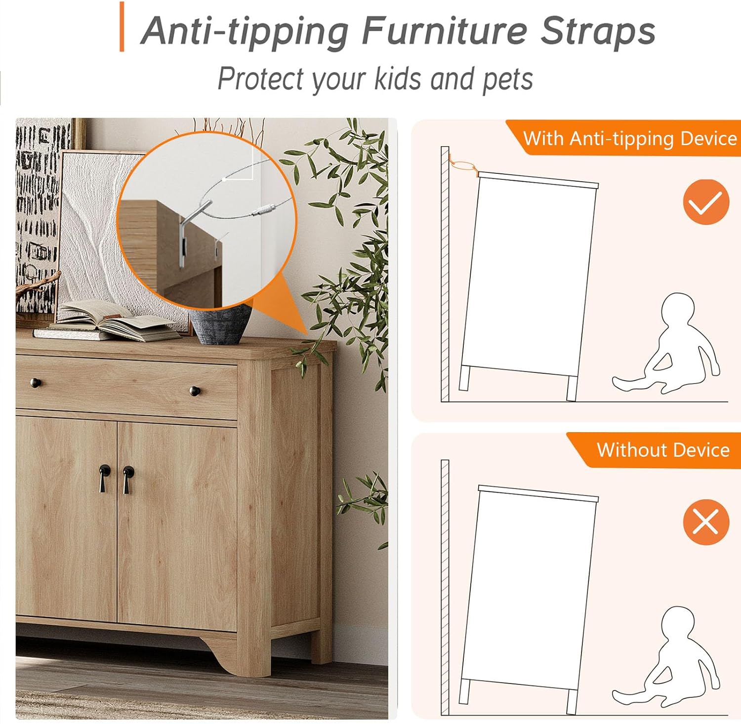 Diagram showing the installation of anti-tipping furniture straps to secure the cabinet to a wall, with a comparison of secured vs. unsecured cabinet stability.