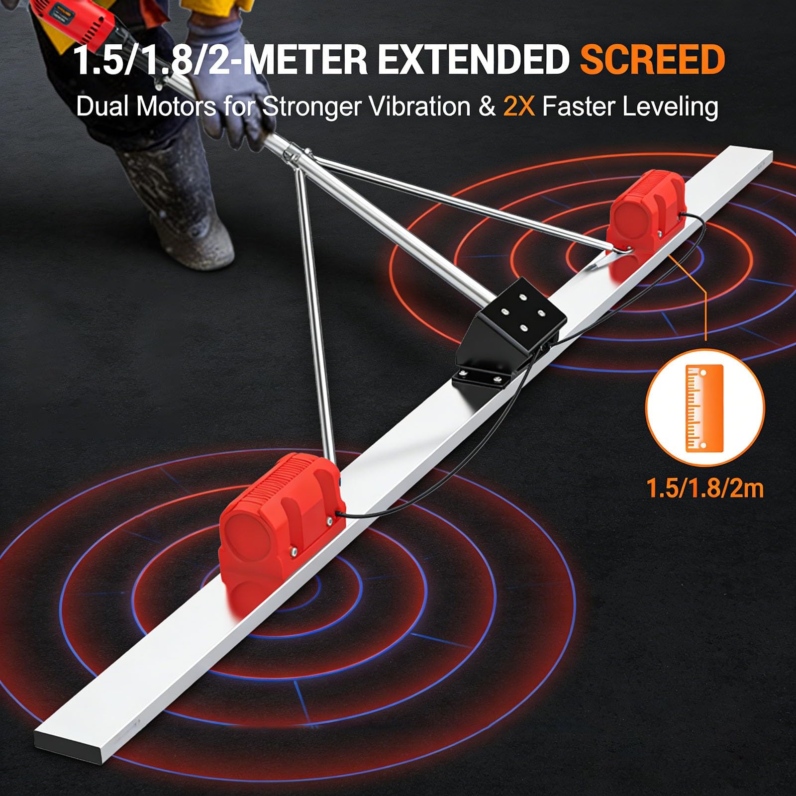 Staggia Vibrante per Calcestruzzo Fresco a Batteria, Strumento Elettrico 1.5m 1.8m 2m con Display LED, Motore Brushless Regolabile per Marciapiedi e Lavori Edili(2M)