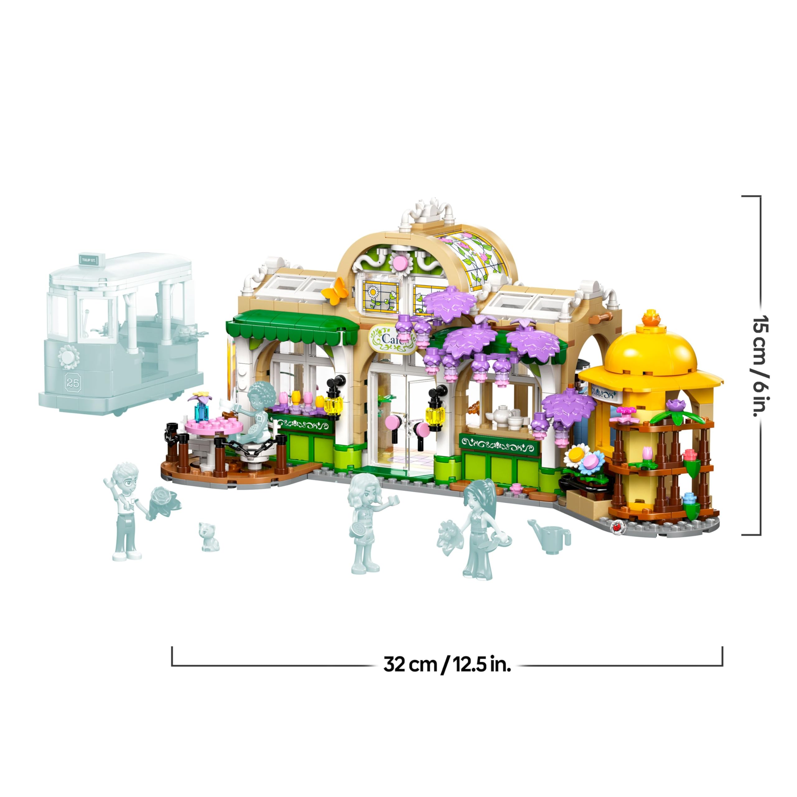 LEGO Friends Caffè delle Piante e Negozio di Fiori - Giocattolo con 4 Mini Bamboline, Gatto Domestico, Tram, Accessori da Cucina come Pasticcini, Tazze e Teiera - Regalo per Bambine da 9 Anni - 42671