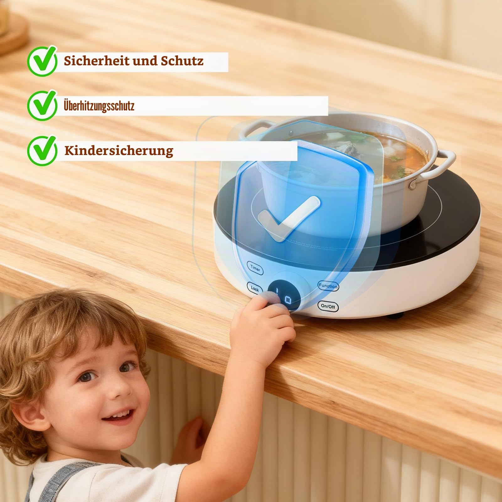 Aigostar Induktionskochplatte 2000W Glaskeramik Digitalanzeige Sensor Touch Timer