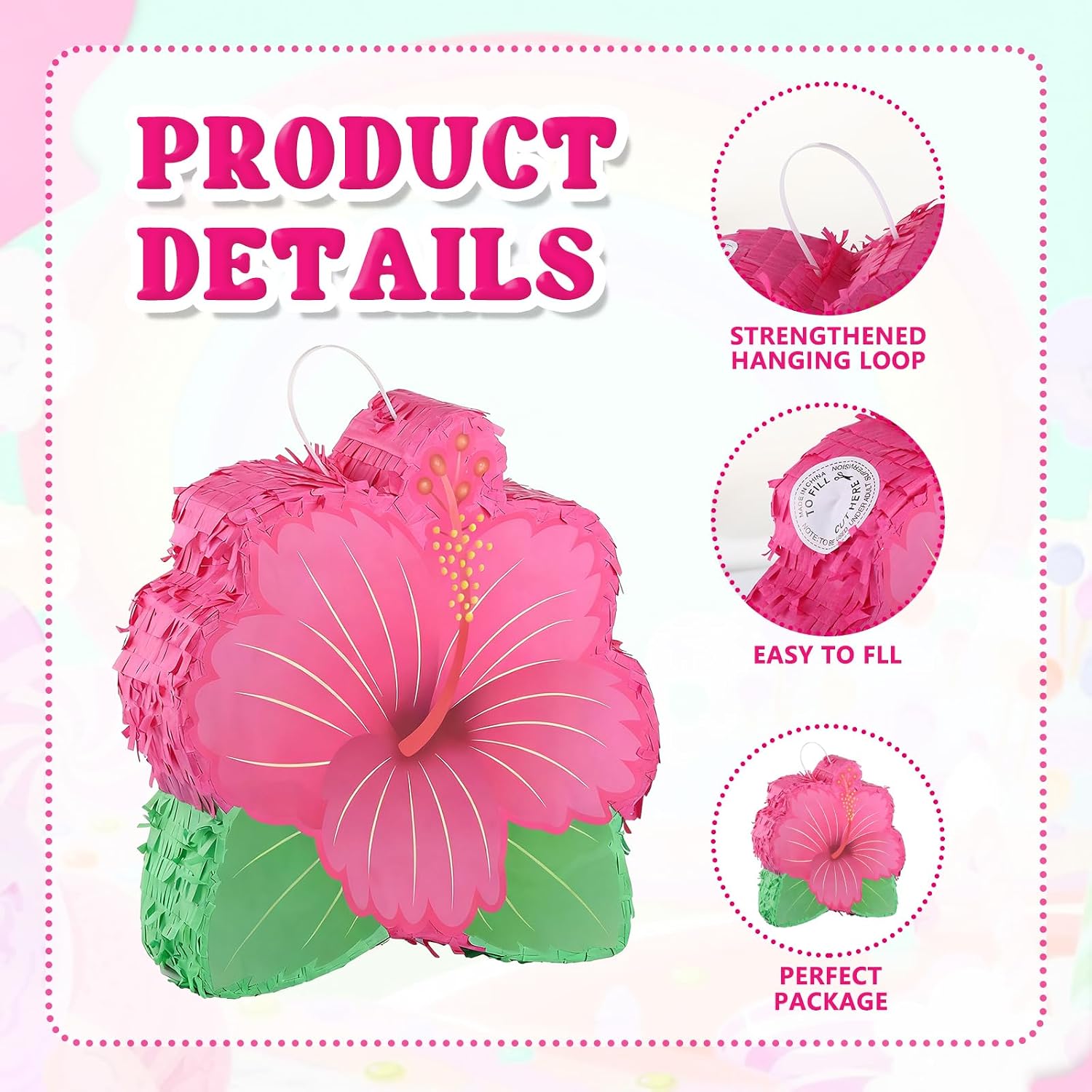 Sumind Hibiscus Flower Piñata Set with Blindfold Bat Confetti Pink Flower Piñata Hibiscus Hippie Boho Game for Birthday Baby Shower Gender Reveal Wedding Luau Party Supplies