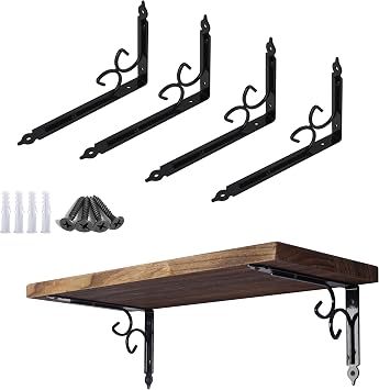 OVOV Shelf Brackets 4 Pcs Heavy Duty Decorative 12 Inch Black Right Angle Shelving Brackets Wall Mounted Shelf Supports for DIY Home Kitchen Living Room