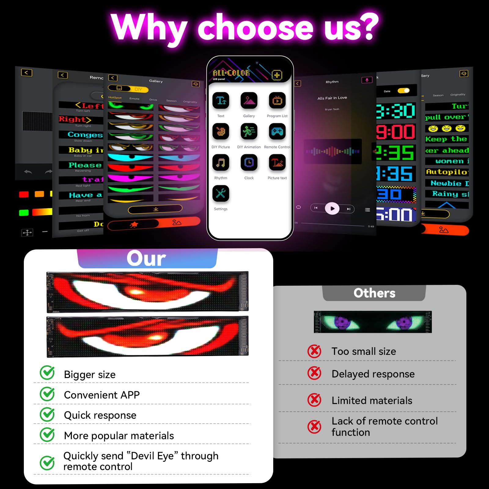 2 x Letrero LED para Coche, Letrero de Luz de Devil Eyes Programable P65 Impermeable para Camión Coche, Letrero Luminoso Personalizado con App y Mando a Distancia, 12 x 60 cm