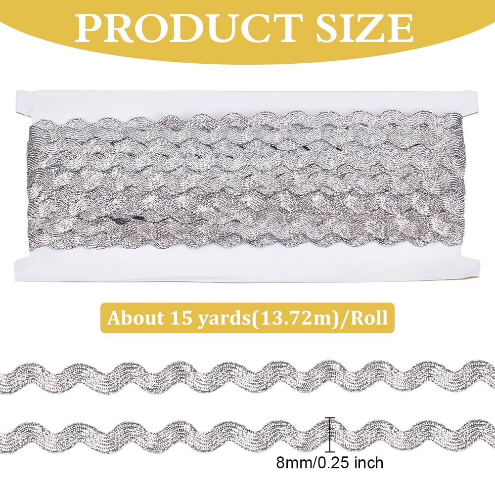 MAYJOYDIY Bordure Tressée Ondulée Argentée à Paillettes De 13,7 M De Large - 0,8 Cm De Large - Ruban De Courbure à Paillettes Ric Rac Pour Couture De