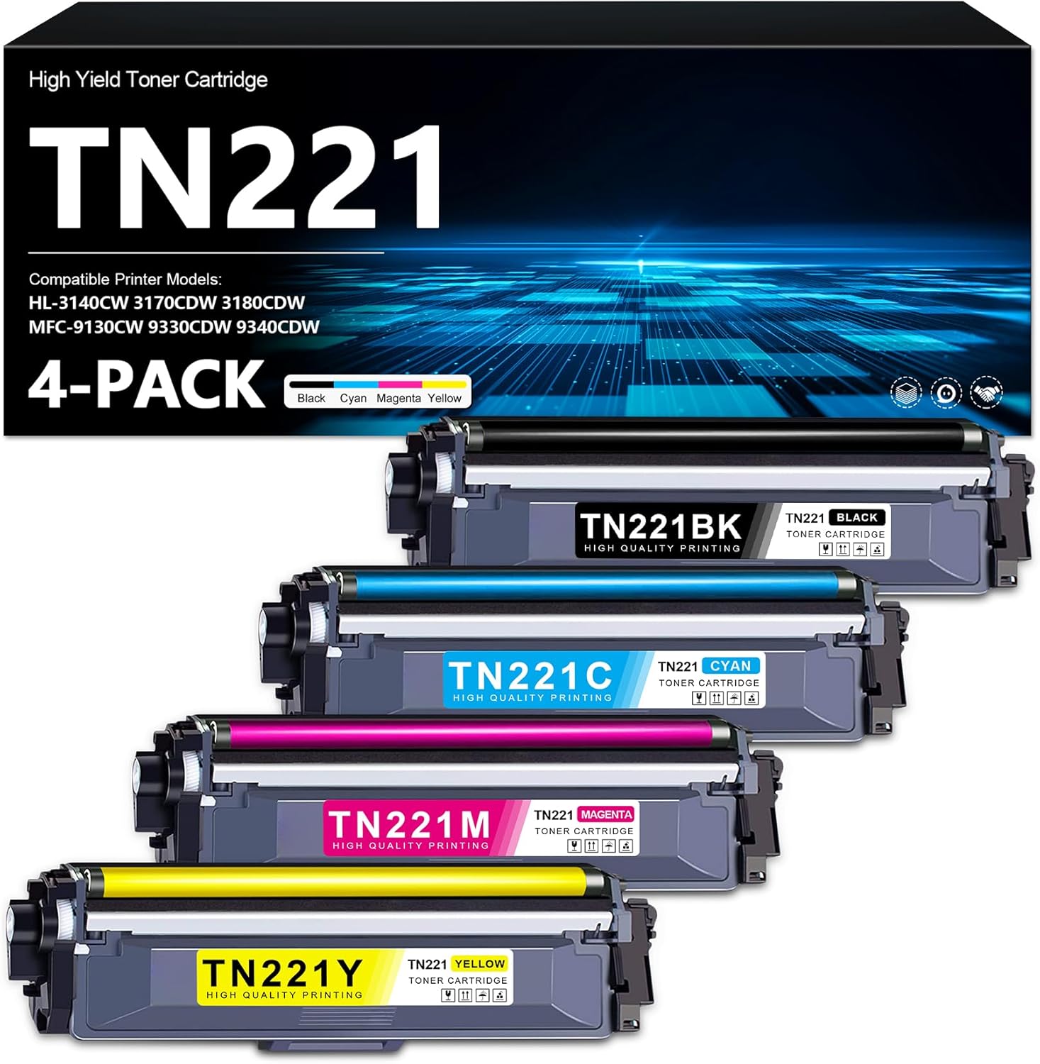 GORLENKE TN221 TN-221 Toner Cartridge Set (4-Pack) TN221BK TN221C TN221M TN221Y Compatible with HL-3140CW 3170CDW 3180CDW MFC-9130CW 9330CDW 9340CDW Printer Replacement for Brother TN221 TN-221 Toner
