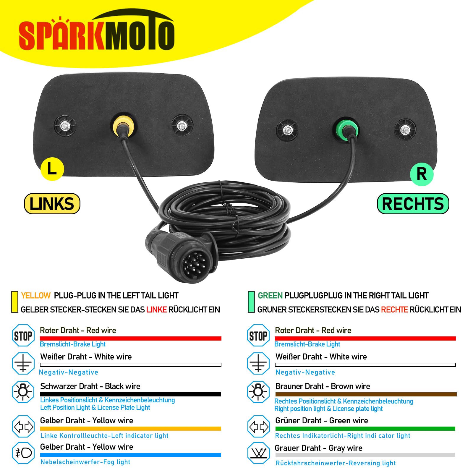 Kit Pilotos Traseros Remolque LED 13 Pines,12V Luces LED Remolque Con Cable 5 m y Enchufe 13 Pines & Conector Bayoneta 6 Pines,Luz Trasera Remolque Homologados