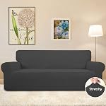 Sofa stretch Slipcover Couch Canapé Couvercle de meubles de canapé doux avec fond élastique pour les enfants Spandex Jacquard tissu petites vérifications (Sofa Large, Gris foncé)