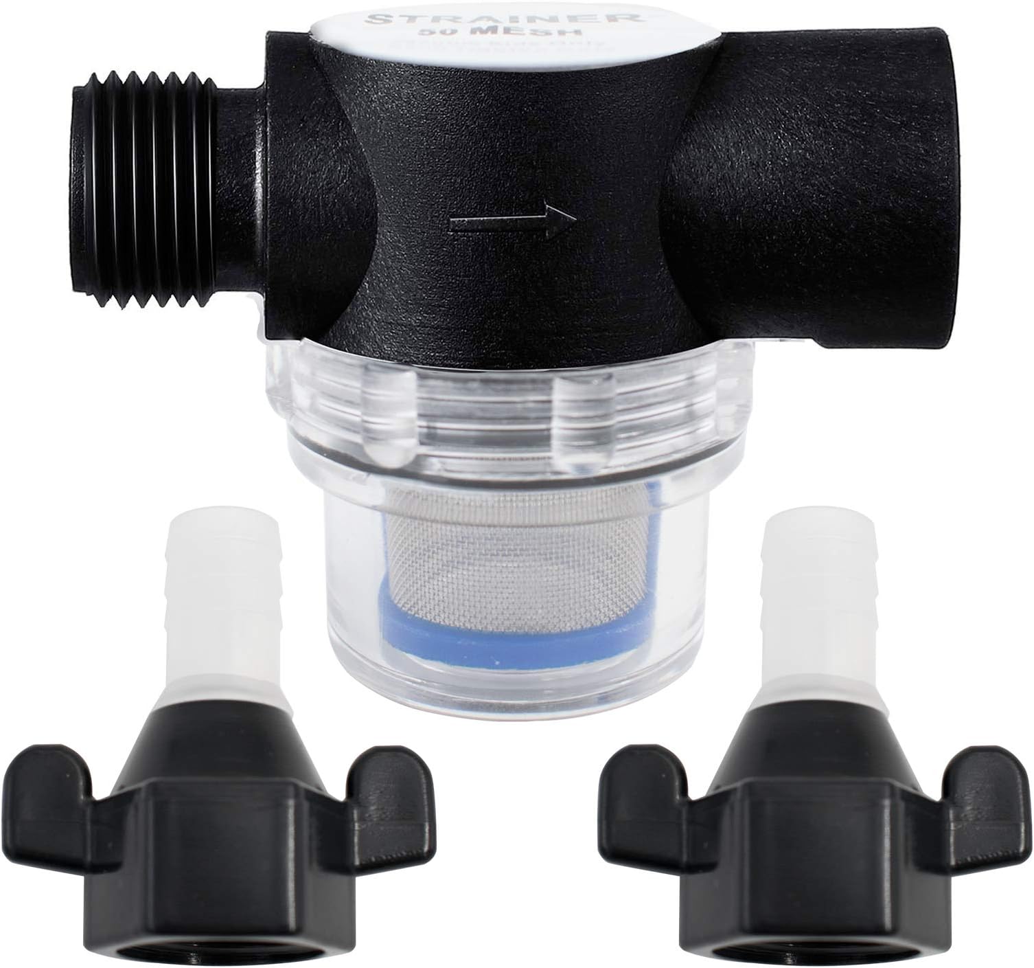 Surdefens 1/2" Water Pump Strainer Filter, Clear, Black, Plastic, Compatible with WFCO or Shurflo Pumps