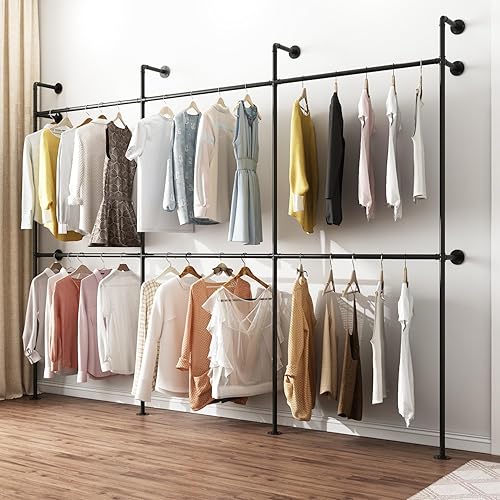 Miniatura 7 de ORSENIGO Perchero industrial para ropa de tubería, perchero de metal resistente con varillas dobles para colgar ropa, montaje en pared, ahorro de