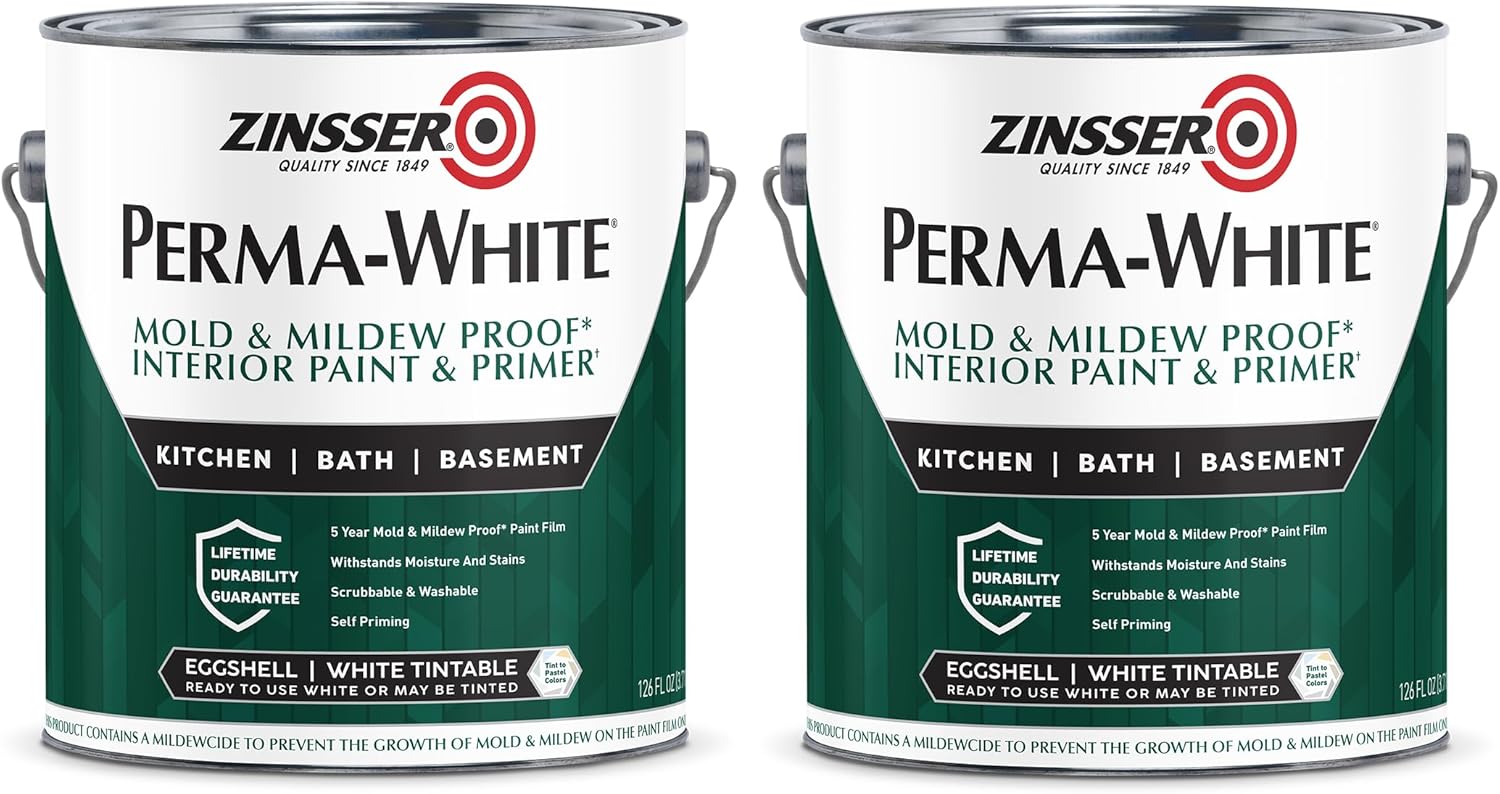 Zinsser 2770 PERMA-WHITE Mold & Mildew Proof Interior Paint, 5 Gallon, Eggshell White