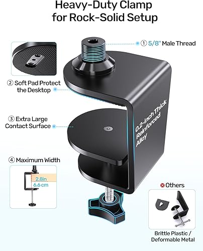 Miniatura 5 de Soporte de micrófono de cuello de cisne de 19 pulgadas con abrazadera de escritorio, alta capacidad de peso y brazo flexible de cuello de cisne con