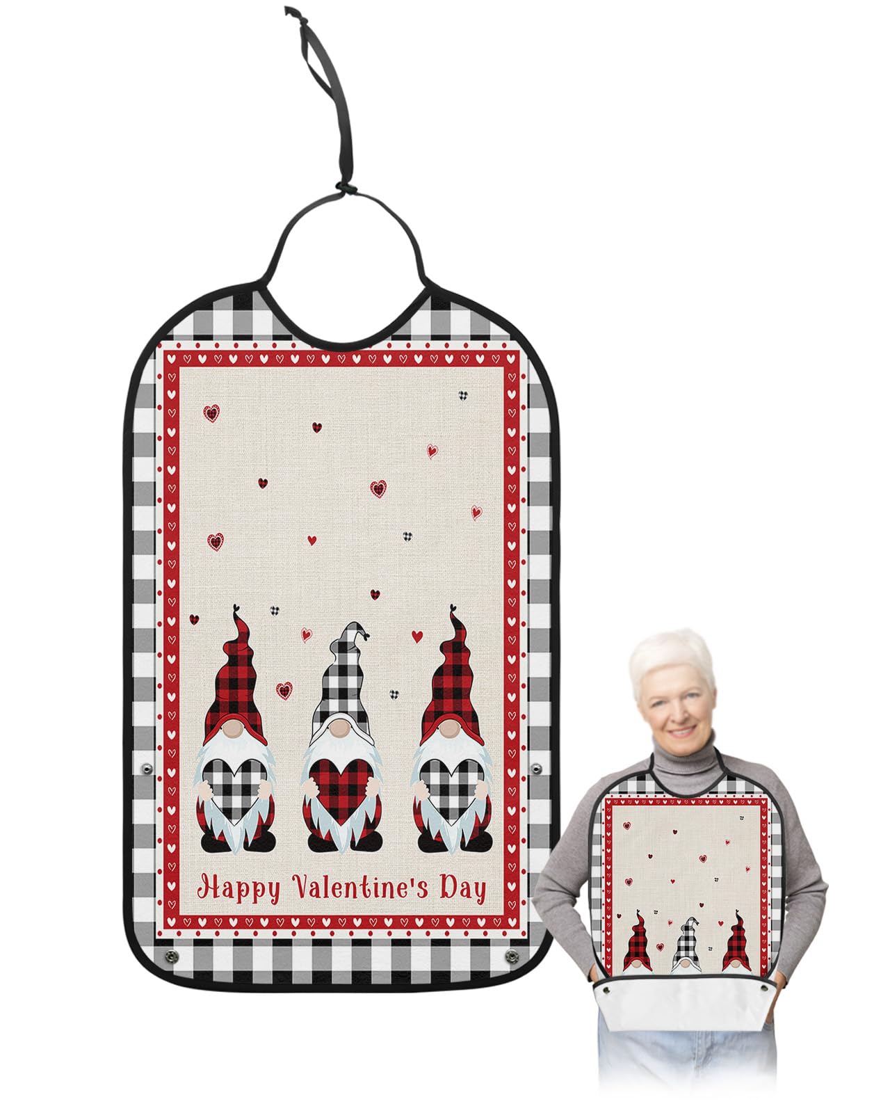 Valentines Gnomes Adult Bibs for Eating, Waterproof Bibs with Food Catcher & Adjustable Snap Closure, Black White Plaid Love Heart Washable Clothing Protectors Adult Bibs for Elderly Women/Men