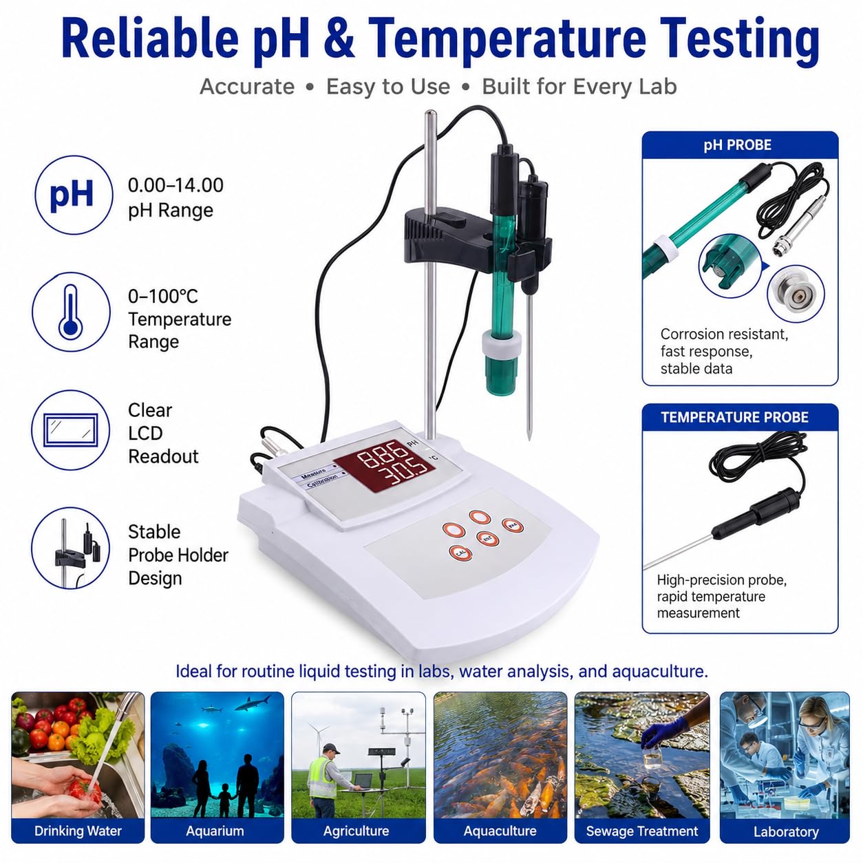 Misuratore di pH per laboratorio ed ecologia, calibrazione automatica dell'acidità con calibrazione a 2 punti, intervallo di pH 0,00-14,00, display LCD per test ambientali