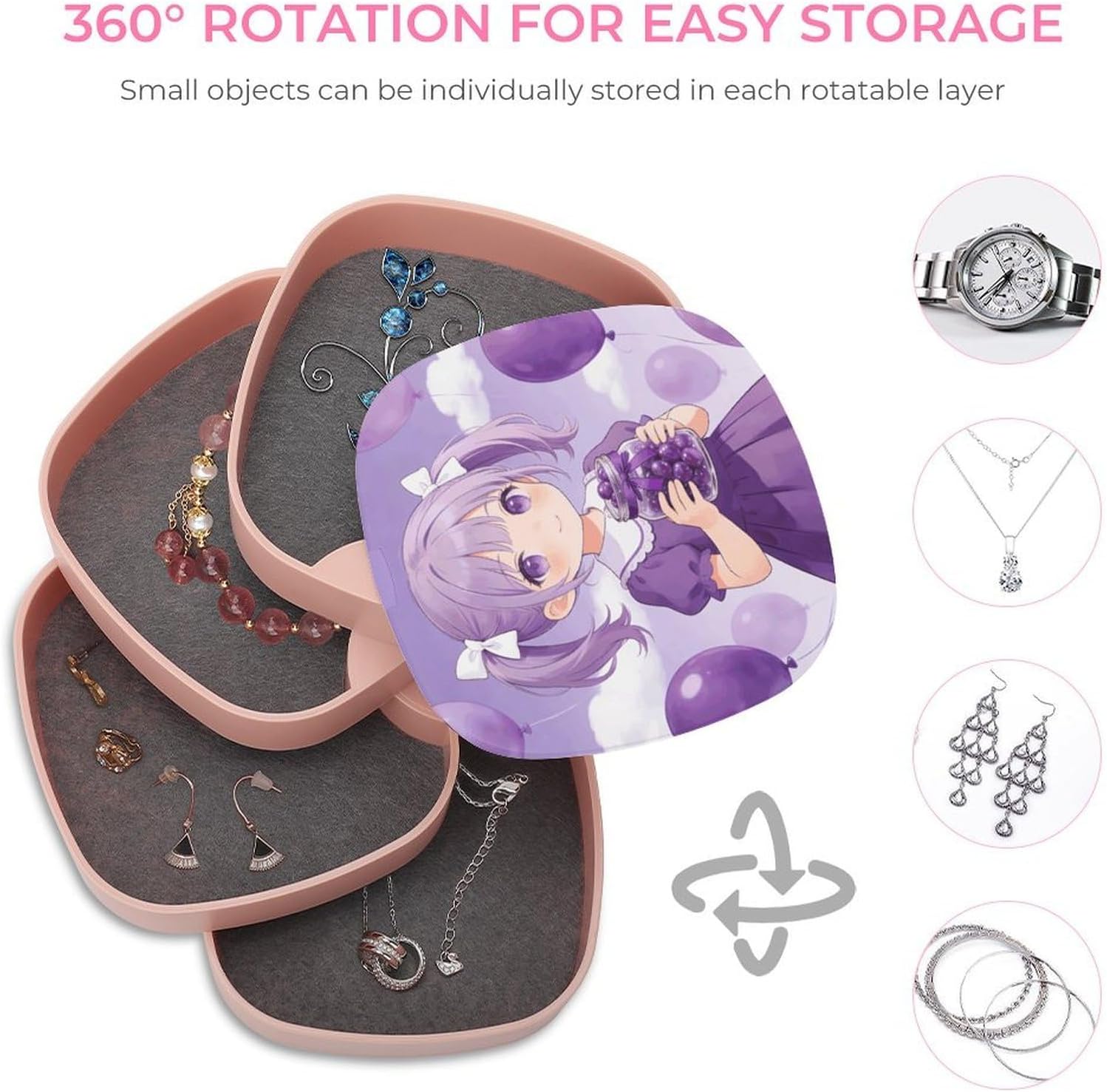 Violet Jewelry Box 360° Rotatable Jewelry Organizer 4 Layers Jewelry Case with Lid Fashion Portable Earring Holder for Bracelets Rings Bracelets Vanity image 4