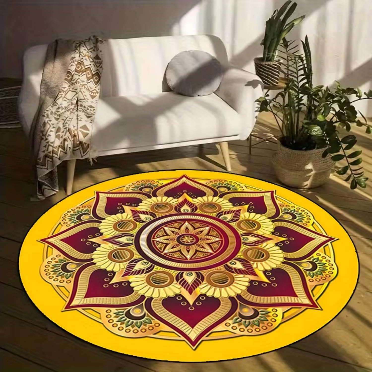Mandala Rund Teppiche, 100x100cm Gelber, Runder Teppich im Boho Stil Wohn Schlafzimmer, Vintage Teppich Indischen Geometrischen Design, Weicher, Rutschfester, Waschbarer Kurzflorteppich