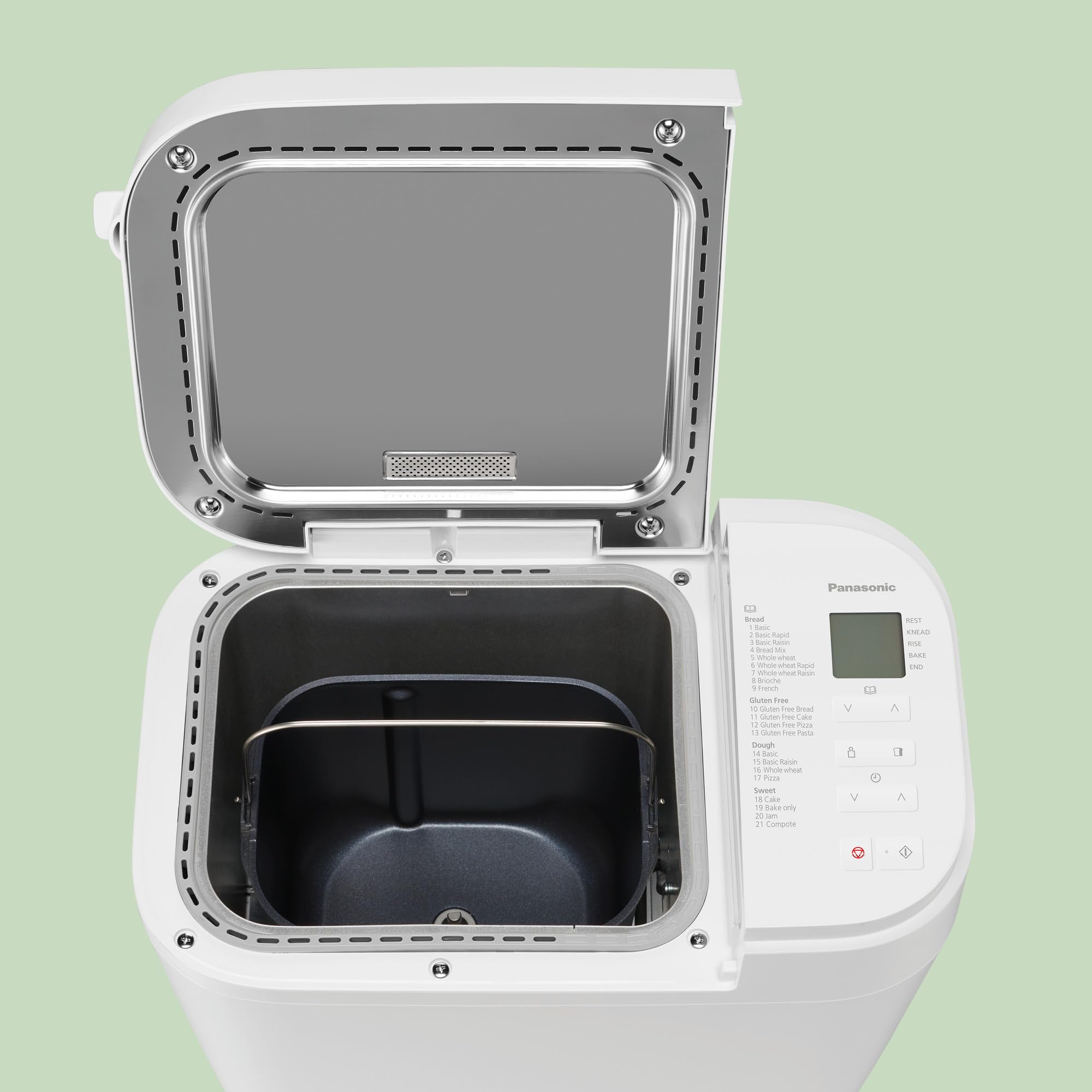 Panasonic SD-B2510W Vollautomatischer Brotbackautomat, 4 glutenfreie Programme, horizontales Design, 21 automatische Programme, 2 Temperatursensoren, 13 Stunden Zeitvorwahl, LCD-Display, Weiß