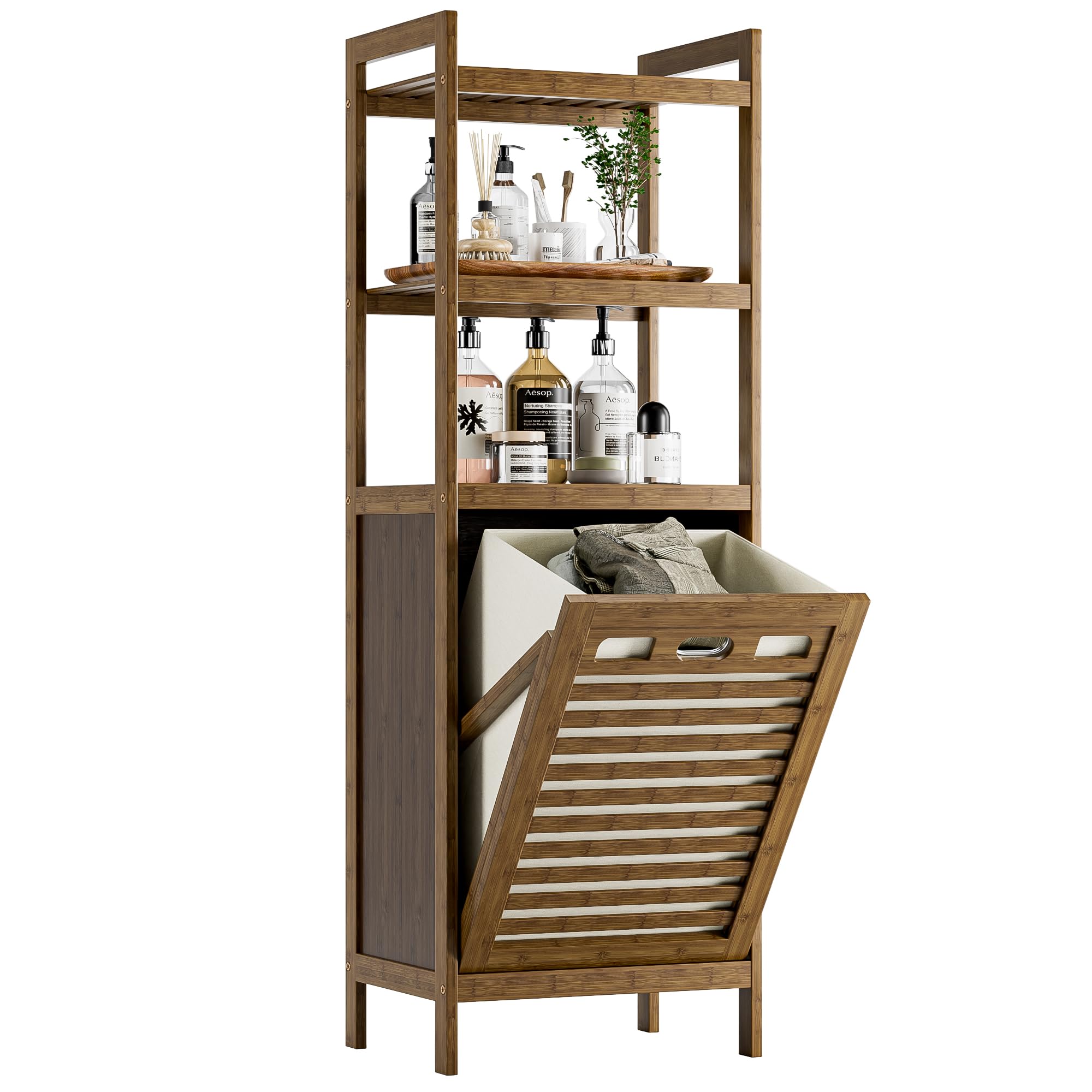 HITNET Bamboo Tilt Out Laundry Hamper, 40L Bathroom Storage Cabinet with Hidden Removable Basket and 3 Open Shelves, Space Saving Bamboo Storage for Clothes, Towels and Toys, Walnut