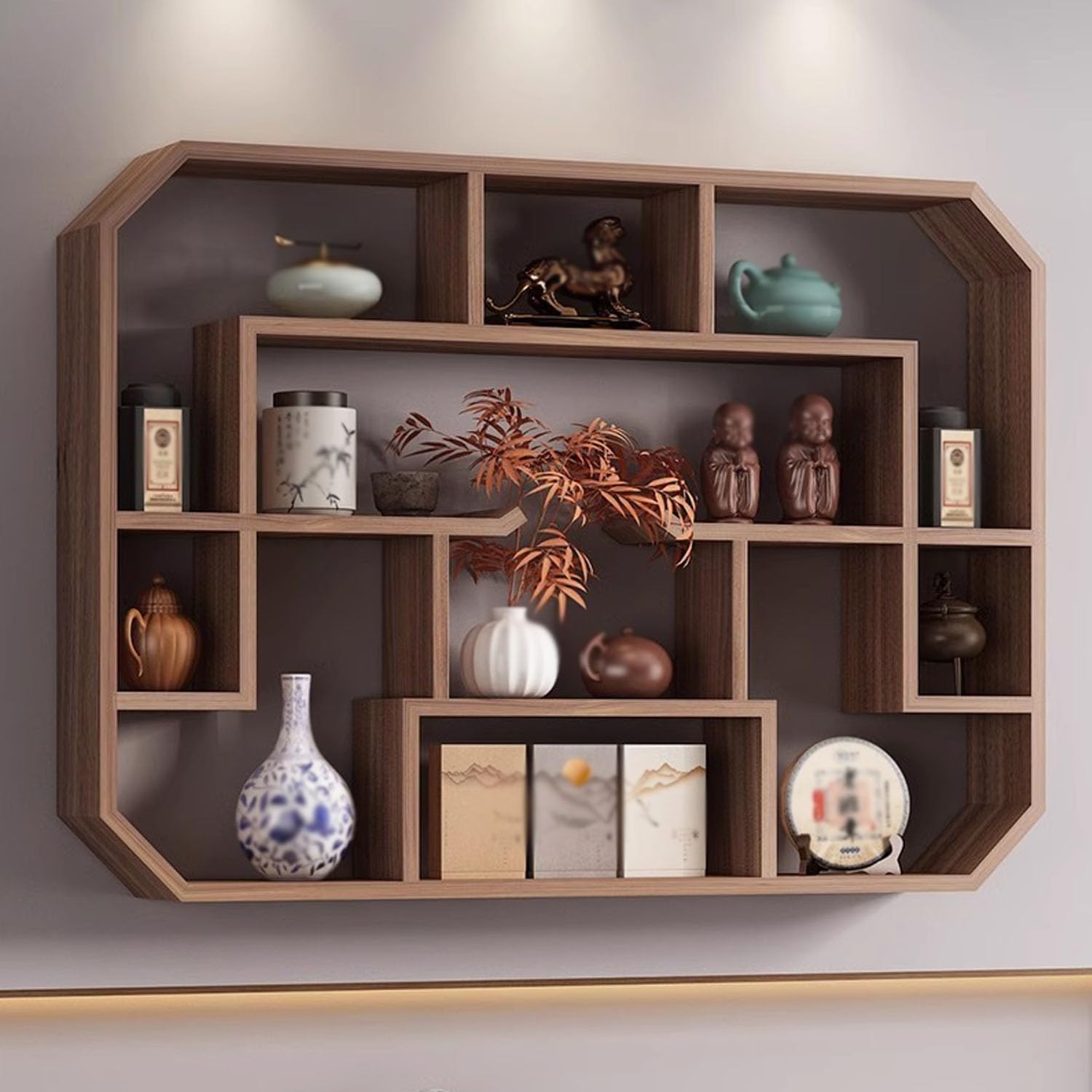 Solid Wood Chinese Tea Cup Holder, Wall Mounted Teapot Display Stand, Wall Mountable Curio Display Case, for Books,Storage,Decor (88 * 68cm)