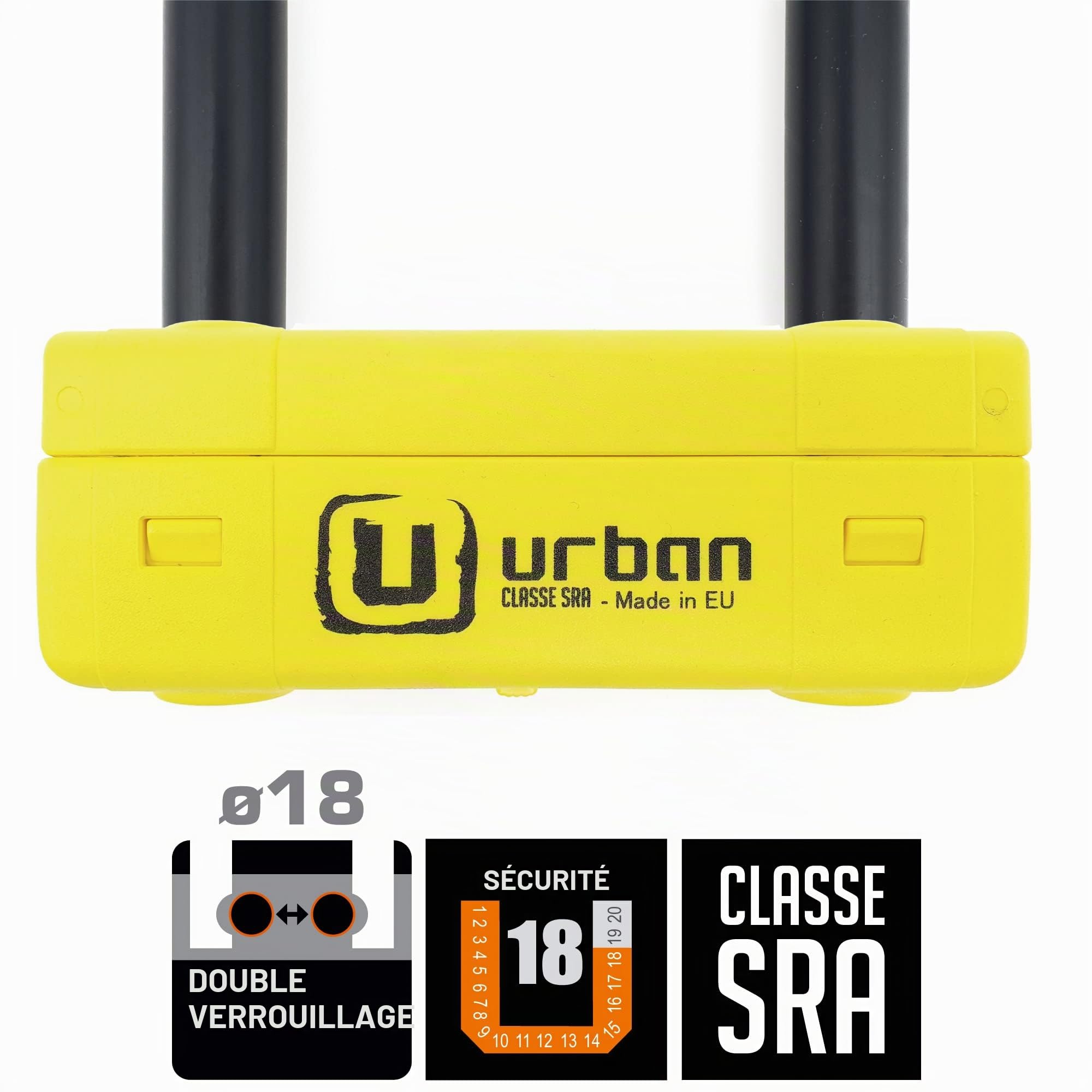 URBAN UR85120Y+10.120L Antivol U Moto Homologué SRA + Chaîne en Acier Trempé 120cm Longueur Supplémentaire avec Système de Boucle, Fourche en Acier Trempé ø18mm, Cadenas en U pour Moto, Scooter, Velo