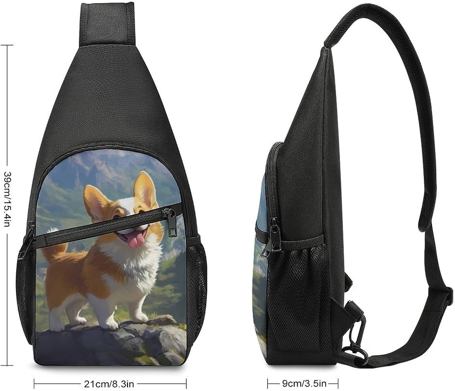 Corgi Dog Standing on Mountains Crossbody Sling Backpack Chest Bag Daypack | unisex,trendy,with convertible and detachable shoulder strap,side pockets