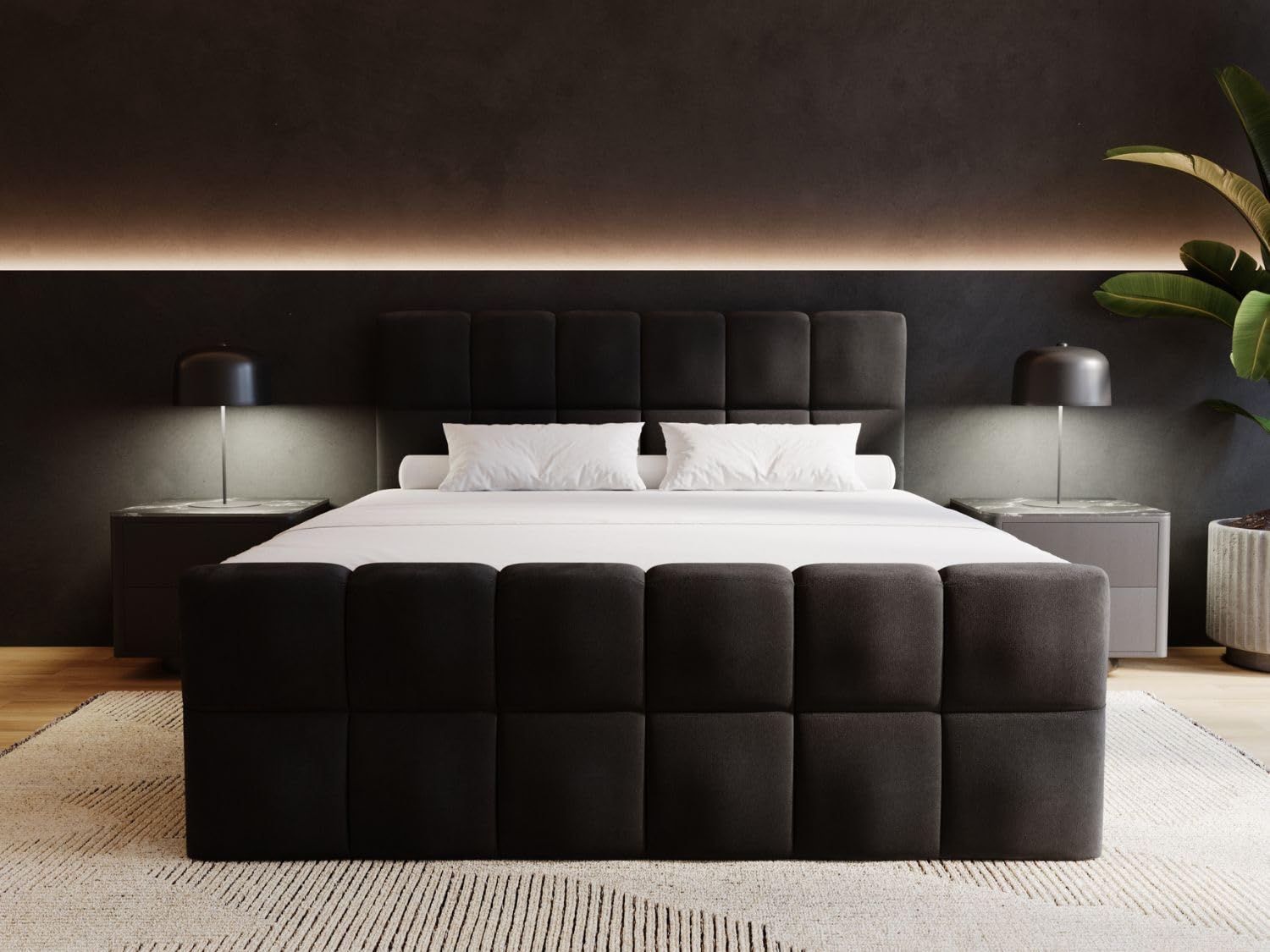 GRAINGOLD Alicante Bett, Boxspringbett mit Bettkasten, Polsterbett mit Bonell-Matratze, Velvet-Stoff, mit Topper, mit Kopfteil (Schwarz, 200x200)