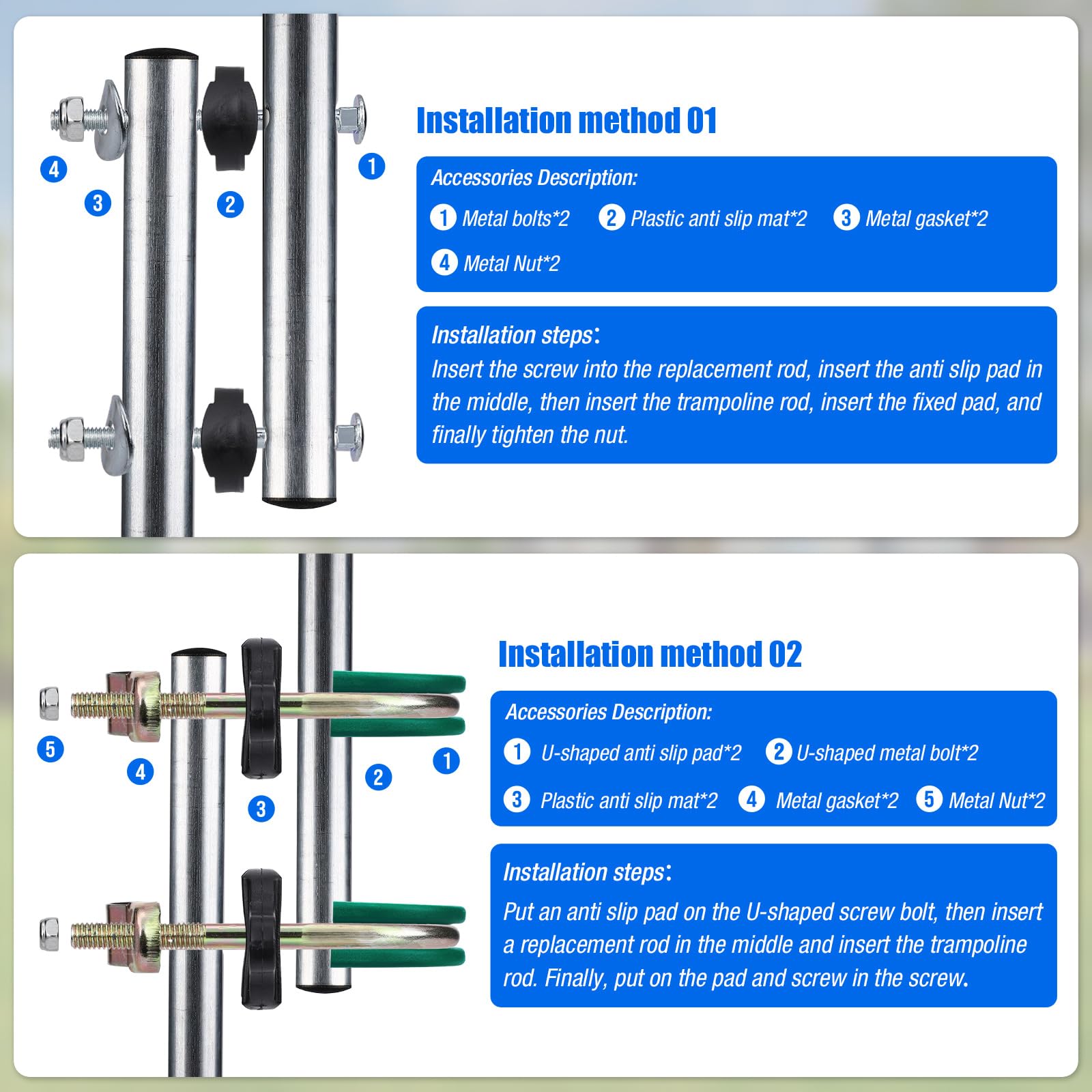 Juego de postes curvados de repuesto para cama elástica – 1 barra de seguridad superior y 1 inferior de ajuste universal para 2,4 – 4,8 m, incluye postes de red acolchados de espuma con conector en T