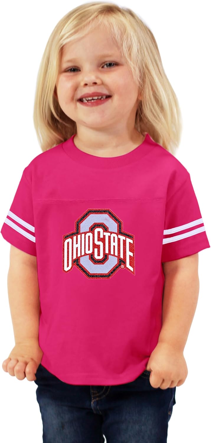 Little King NCAA Toddler Girls Pink Sparkle Jersey College Football Tee with Glitter Logo-Cotton- Sizes 2T 3T 4T 5T