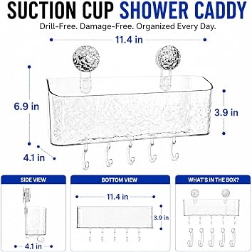 HOME&I Suction Cup Shower Caddy with Twist-to-Lock Mount, Drill-Free Bathroom Organizer for Toothbrush, Toothpaste & Razor, Self-Draining Storage Rack with 5 Hooks