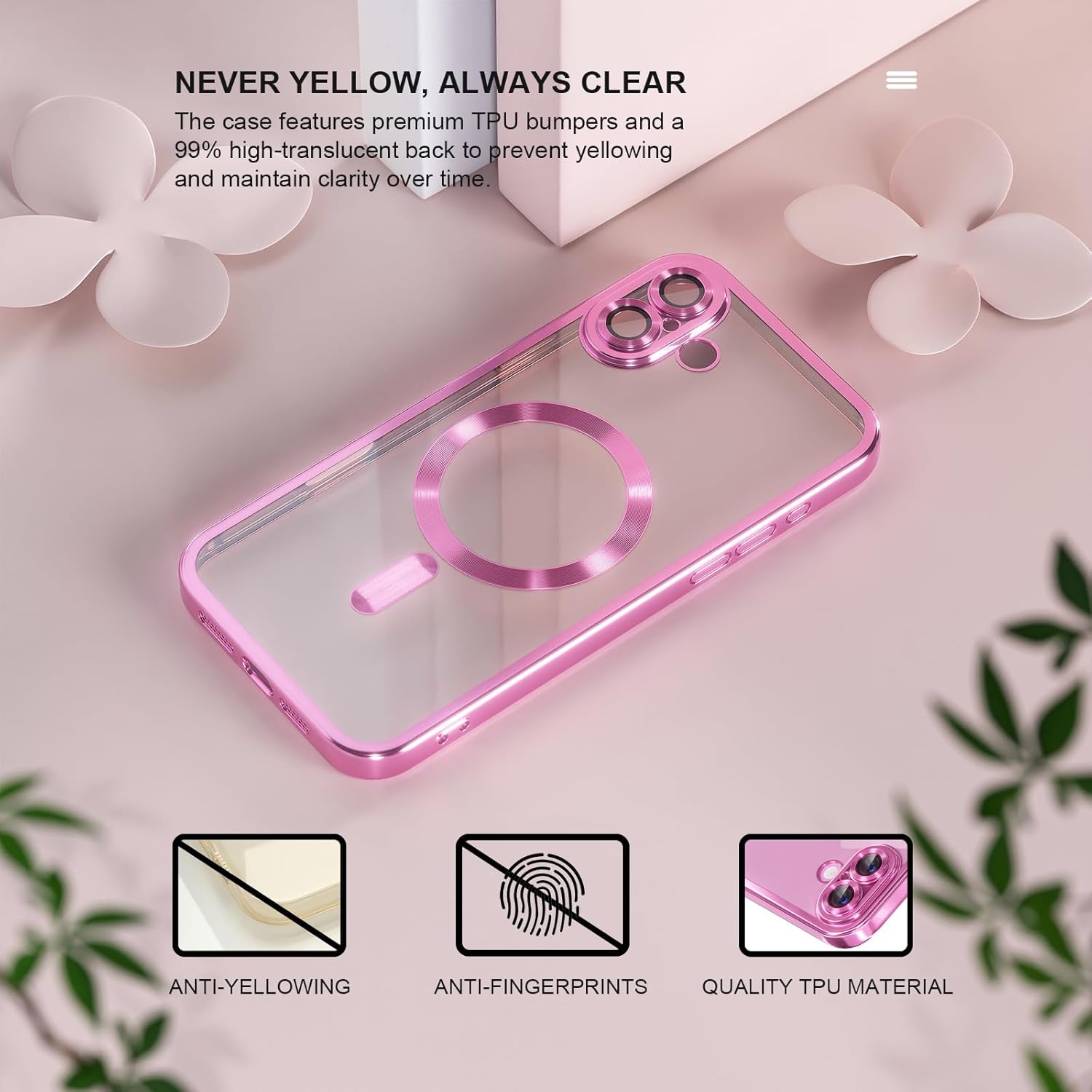 Misea Magnetic for iPhone 16 Plus Case Compatible with MagSafe [Never Yellowing] [Military Grade Drop Protection] Full Camera Lens Protector Plating Soft Clear Phone Case for Women 6.7 inch, Hot Pink - Image 3