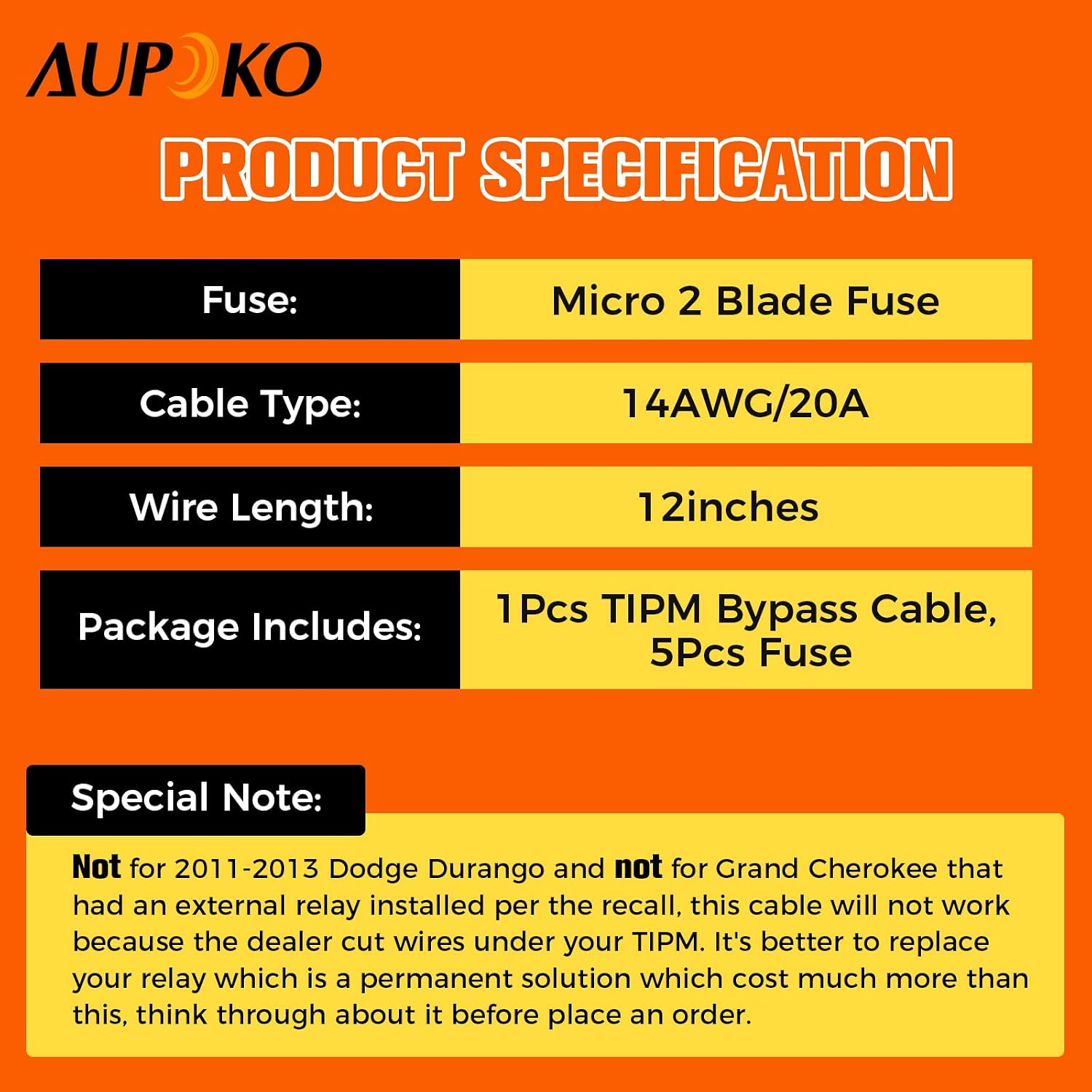 Aupoko TIPM Bypass Cable, Fuse Holder Fuse Adapter Compatible with Dodge Ram 1500 2500 3500 Jeep Chrysler VW 2007-2016, Replace CBWPR091AA(14AWG Wire/20AMPs)