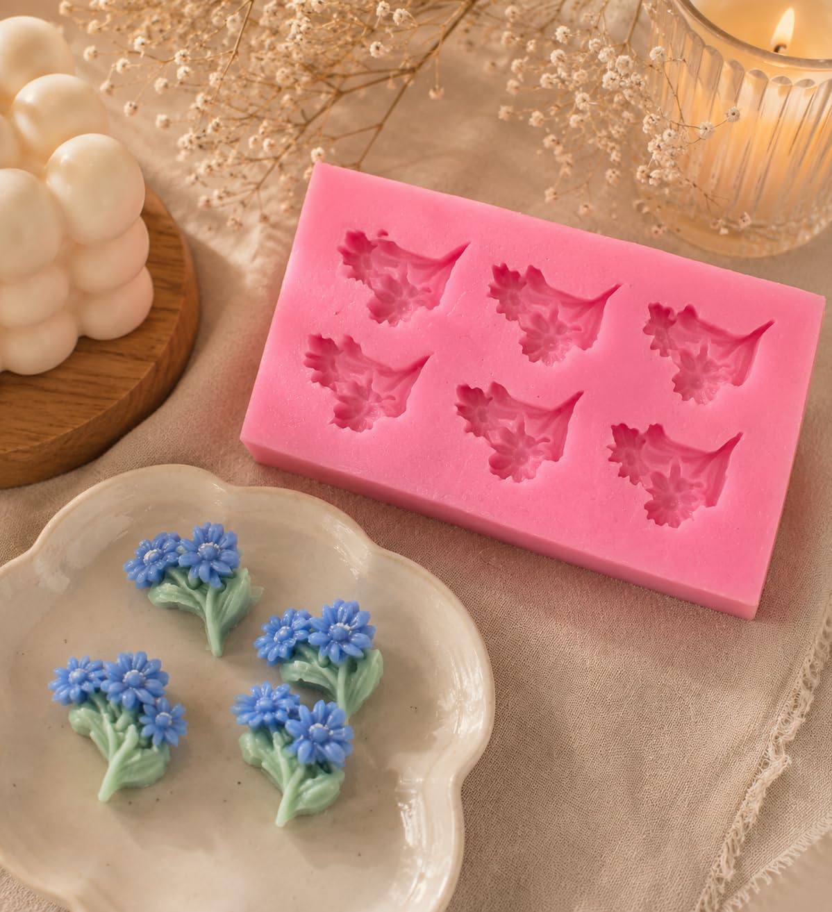 Daisy Bouquet Silicone Mold, 6 Cavity Mini Flower Embed Mould for Cake Decorating, Fondant and Gum Paste, Resin Crafts, Pink,for Candle Making-image-23