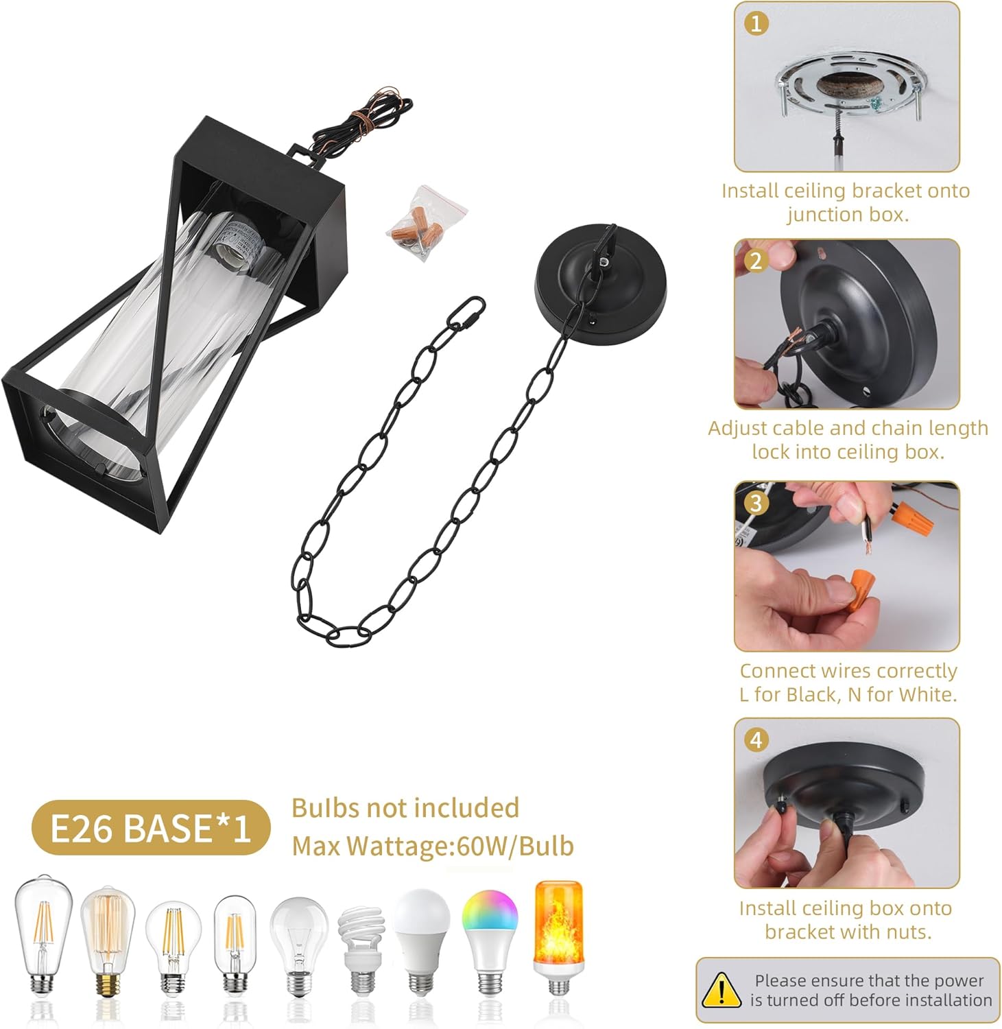 Outdoor Pendant Lights for Porch, Outside Chandelier Hanging Porch Lights, Ceiling Mount Fixture, Aluminum and Glass, for Front Porch Gazebo Patio, Modern Twist Style(Black, 5.5x5.5x12in), MP2025PL/01