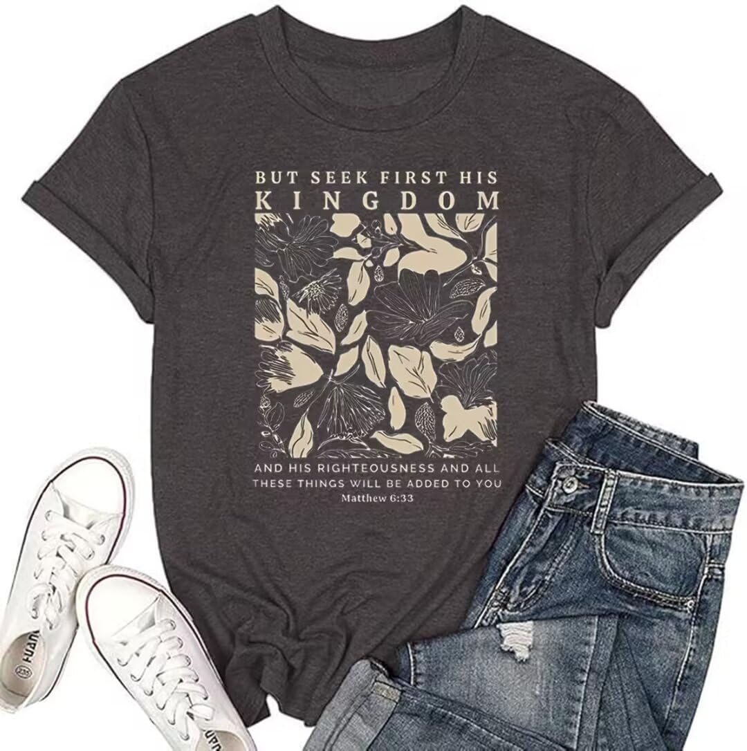 Women's Christian Bible Verse T Shirts Vintage Boho Wildflowers Graphic Short Sleeve Crewneck Floral Religious Tee Tops