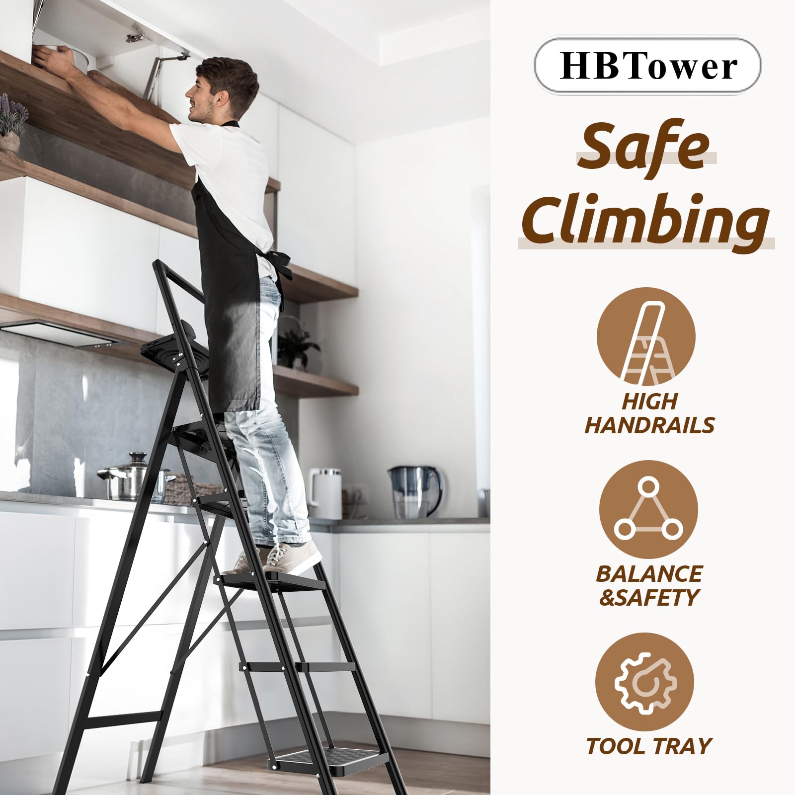HBTower Scala 5 Gradini Pieghevole con Vassoio Porta-Attrezzi, Sgabello Compatto, Struttura in Acciaio Robusto, Portata 150 kg, Portatile per Casa e Cucina