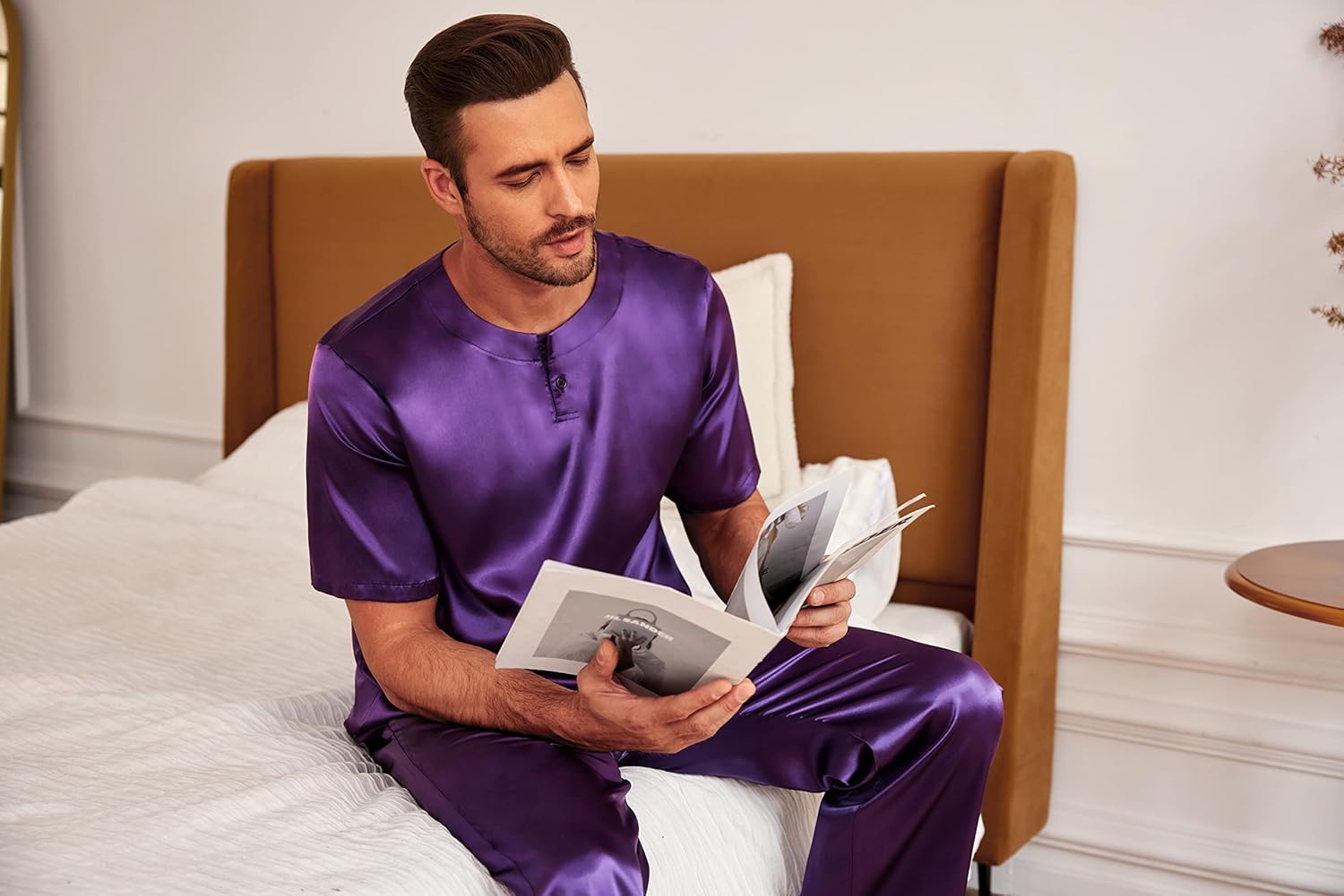 Ekouaer Mens Silk Satin Pajama Set Short Sleeve Sleepwear Silky Loungewear with Long Pants - Image 4
