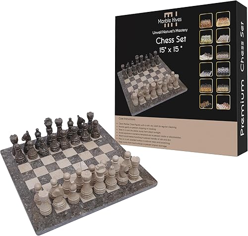 Miniatura 8 de Juego de ajedrez de lujo de 15 pulgadas, tableros de ajedrez clásicos para adultos con tablero de piedra hecho a mano y piezas de ajedrez de mármol,