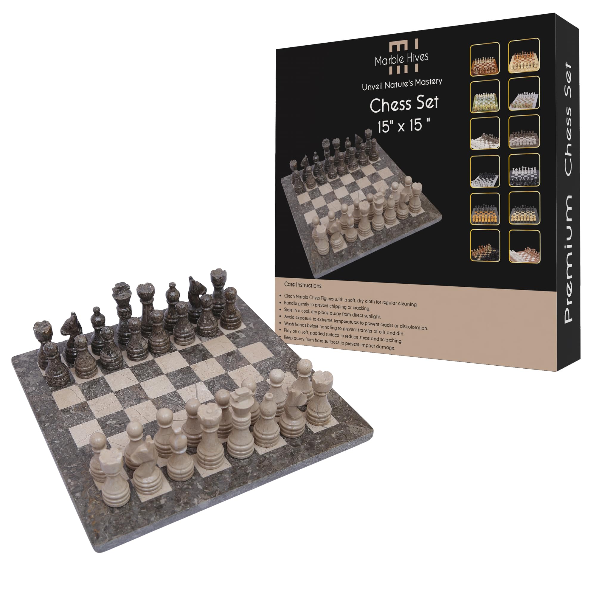 Handmade Marble Chess Set -Chess Sets for Adults - Premium Quality Chess Boards - Fancy Chess Boards (15 x 15 Without Checkers, Oceanic Grey & verona)